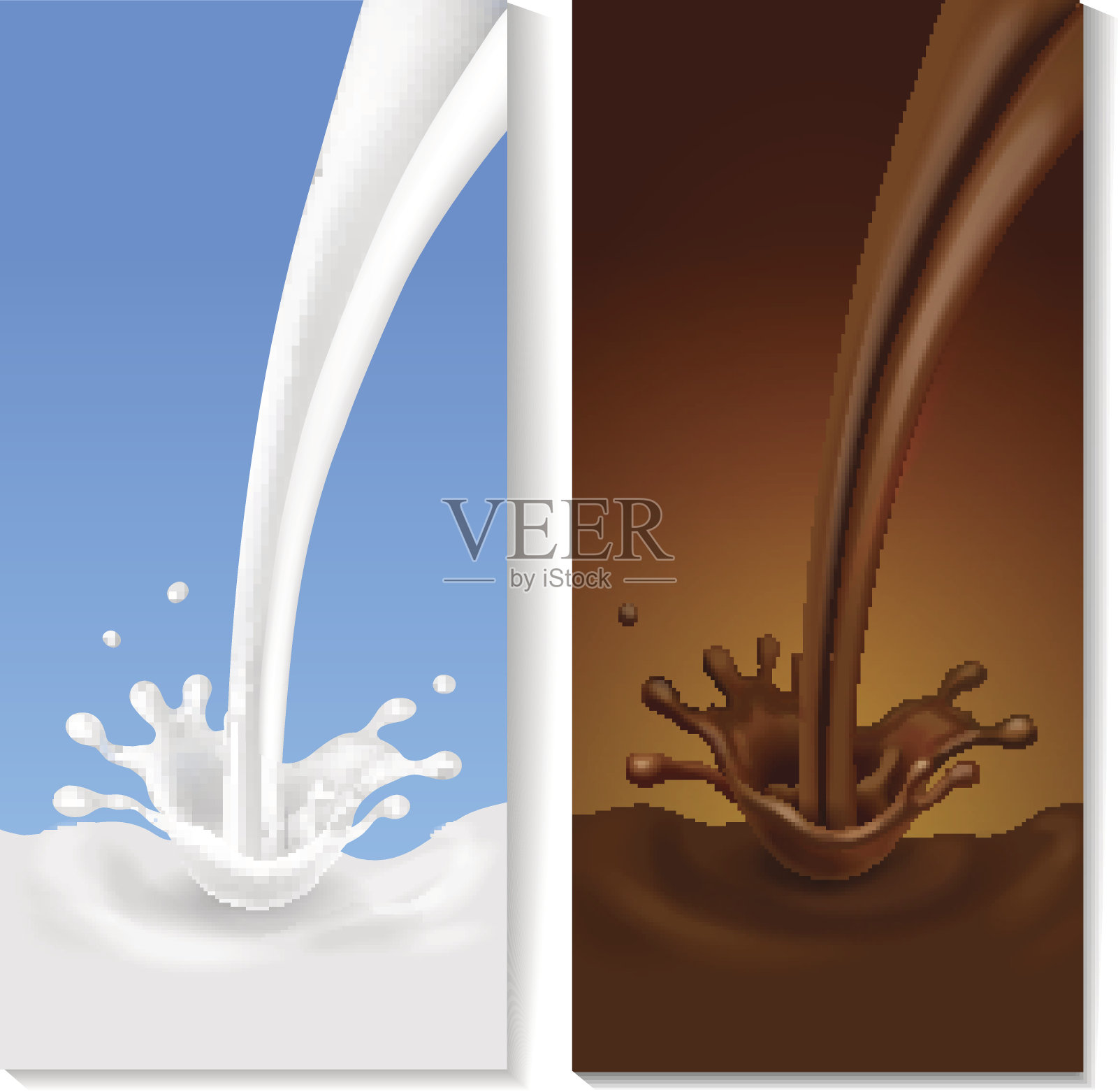 逼真的溅牛奶和巧克力垂直横幅。矢量设计插画图片素材