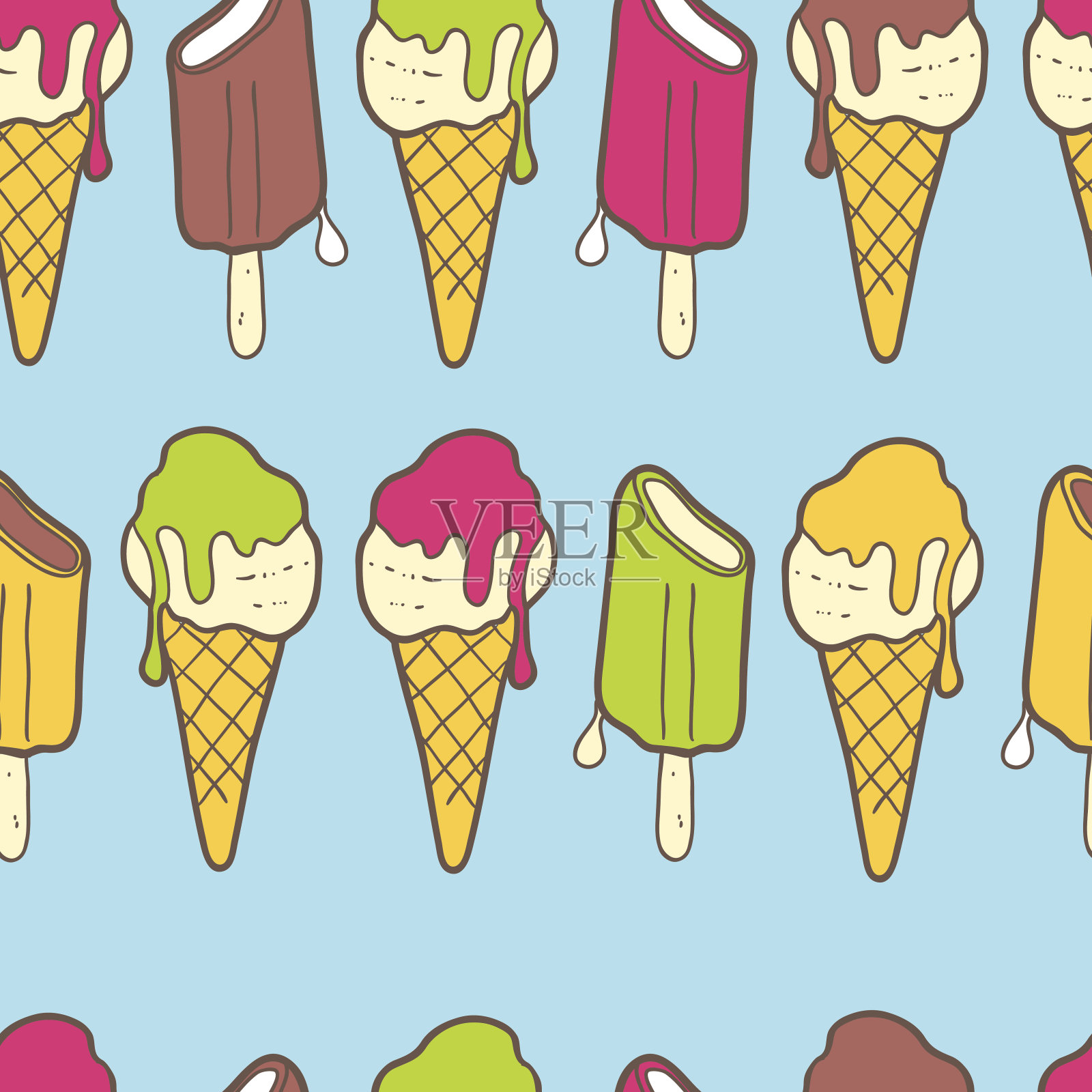 矢量无缝夏季图案与彩色冰淇淋。明亮的削减插画图片素材