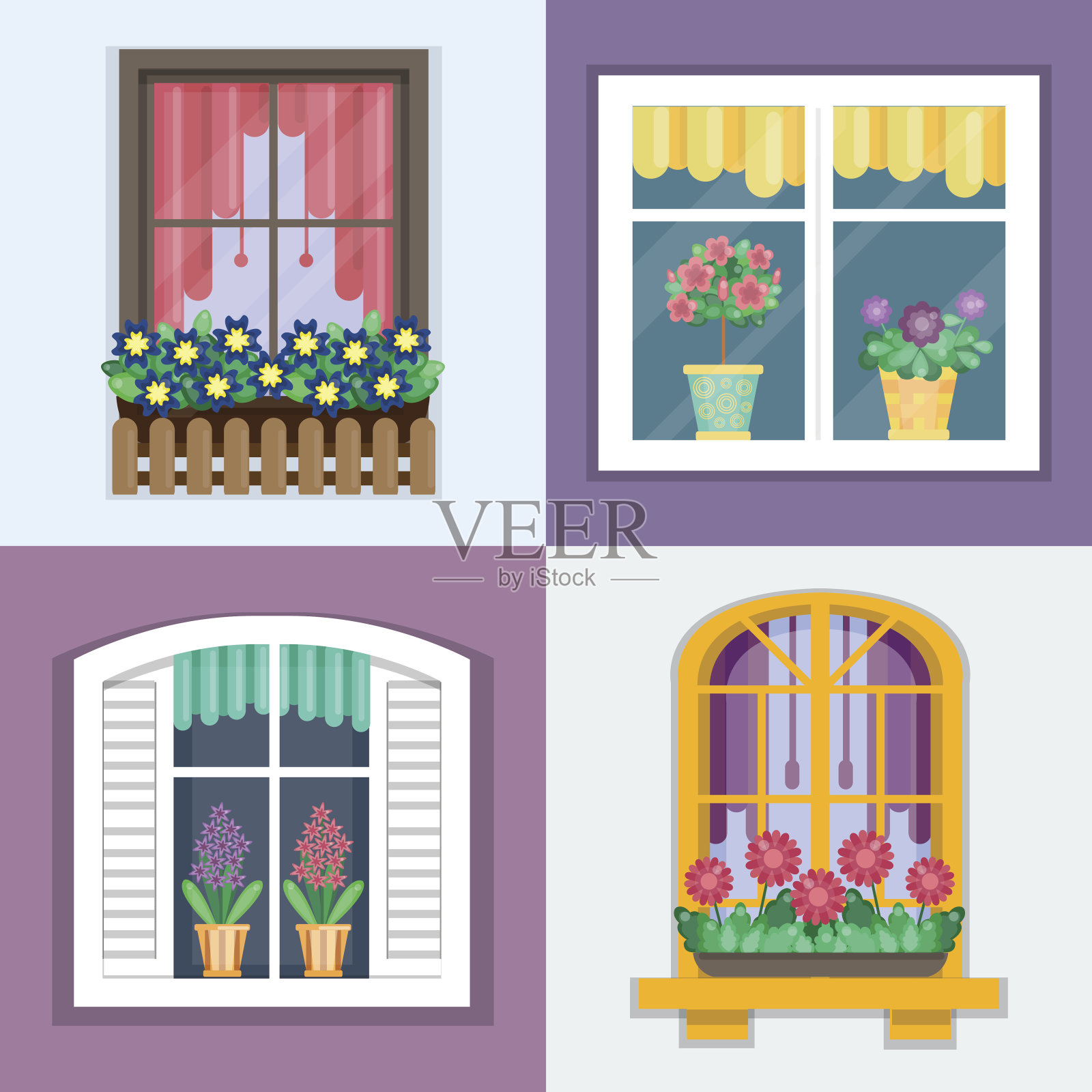 矢量插图的窗户设置与植物在花盆插画图片素材