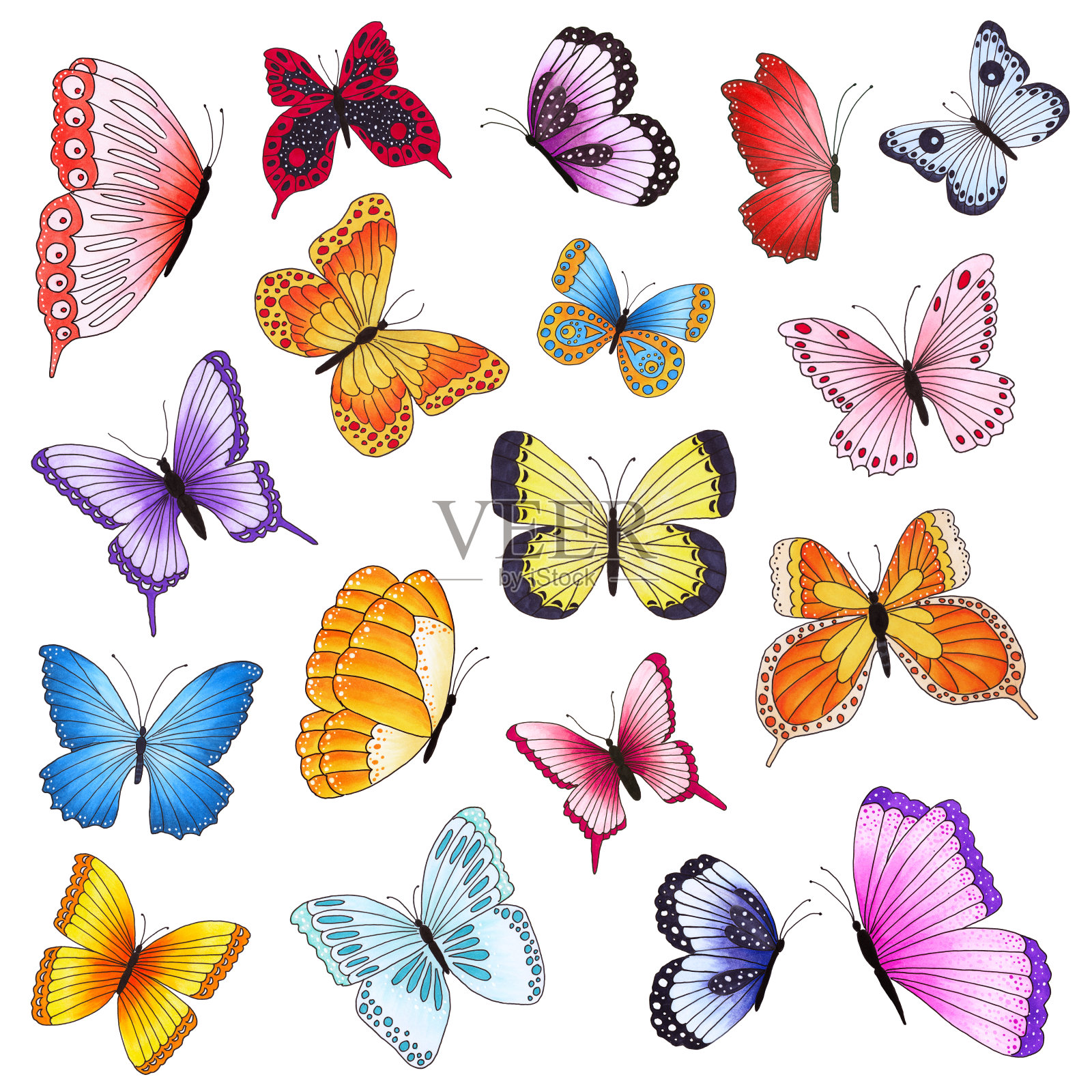 一组彩色的蝴蝶孤立在白色的背景。设计元素图片