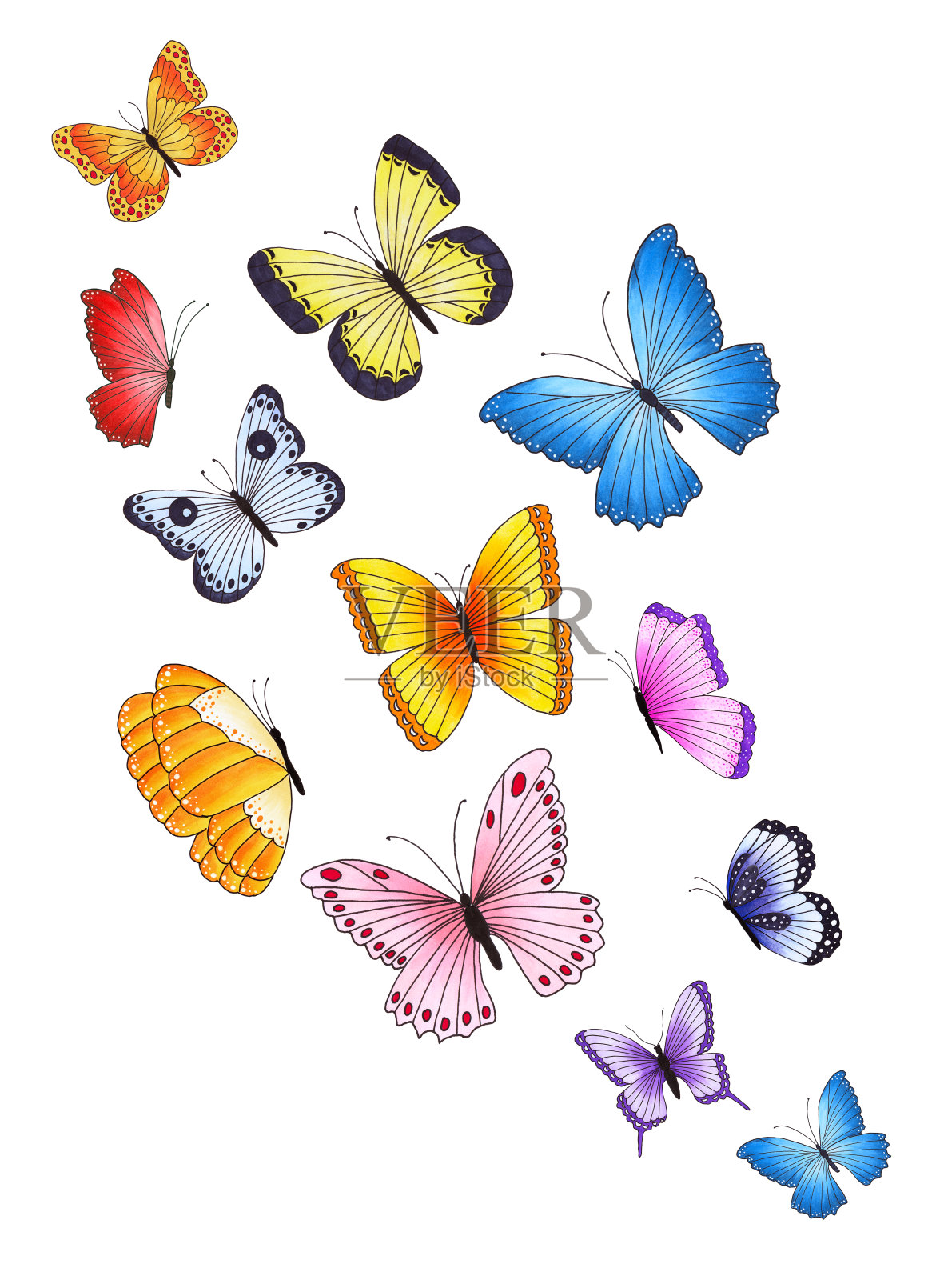 一组彩色的蝴蝶。手绘标记插图。设计元素图片
