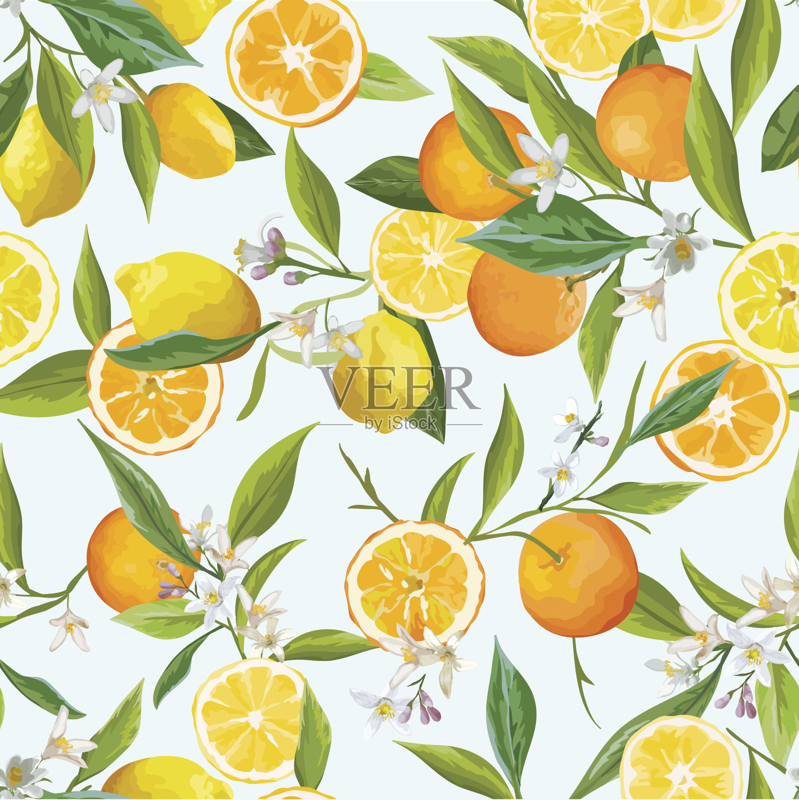 橙色和柠檬无缝热带模式在向量。花，叶和果实的插图。插画图片素材
