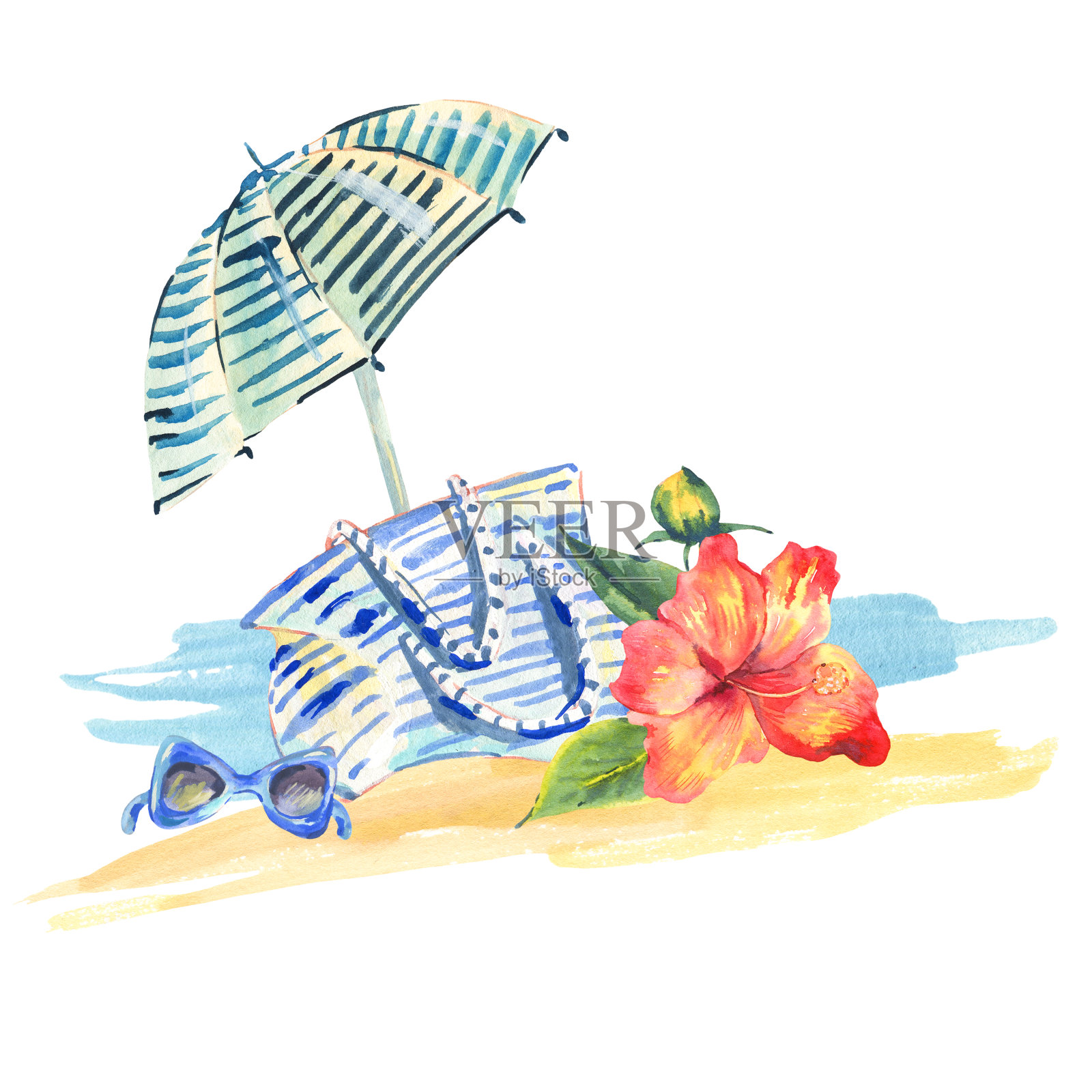 水彩航海贺卡与夏季物品插画图片素材