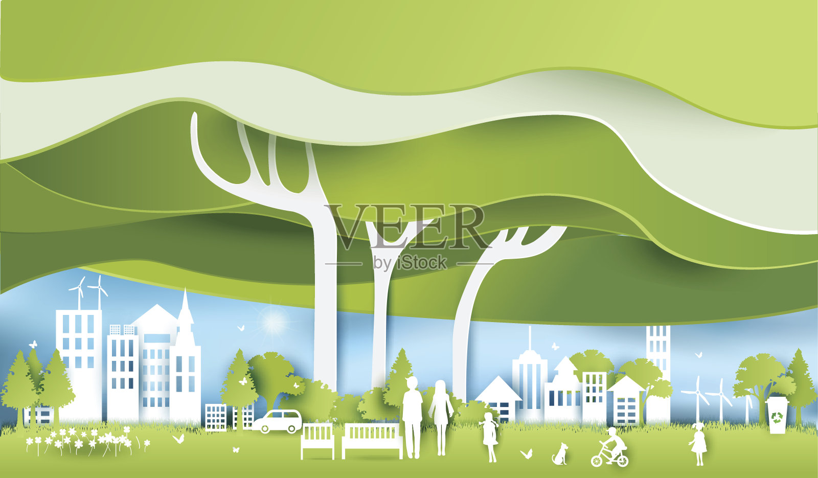 绿色生态城市和生活纸艺术风格，城市景观插画图片素材