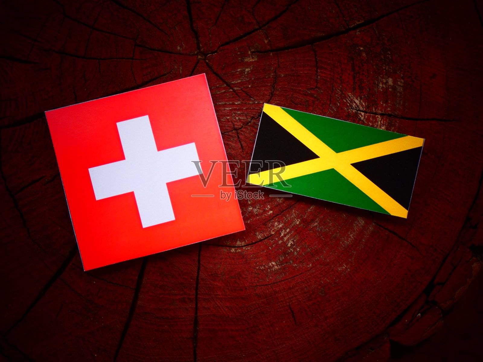 孤立的树桩上悬挂着瑞士国旗和牙买加国旗照片摄影图片