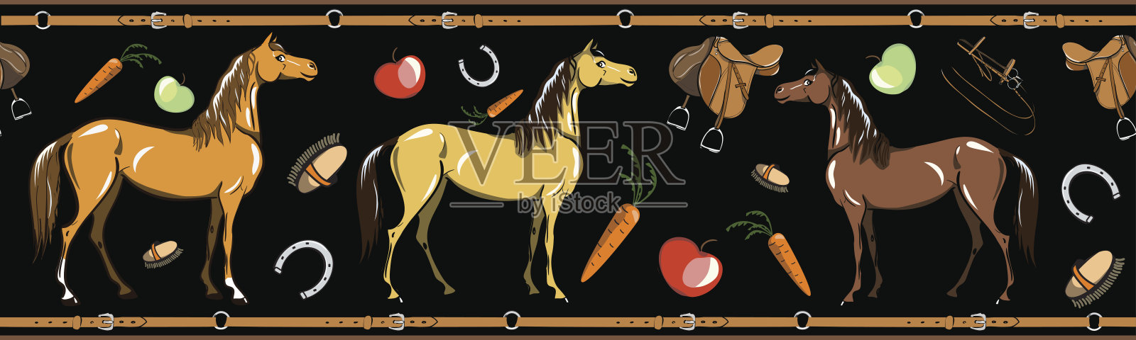 马背和马背上的马钉工具无缝边框上的黑色。马的运动在皮带框架。插画图片素材
