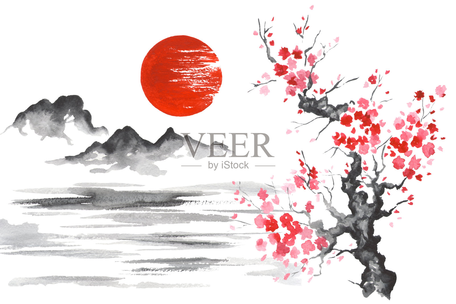 日本传统绘画Sumi-e艺术太阳山樱花湖插画图片素材