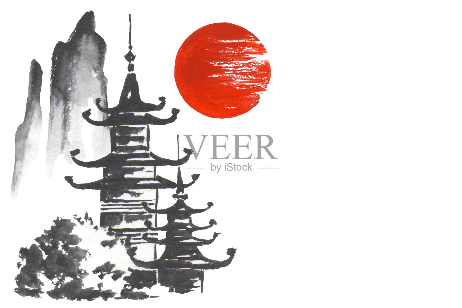日本传统绘画Sumi-e艺术山寺太阳插画图片素材