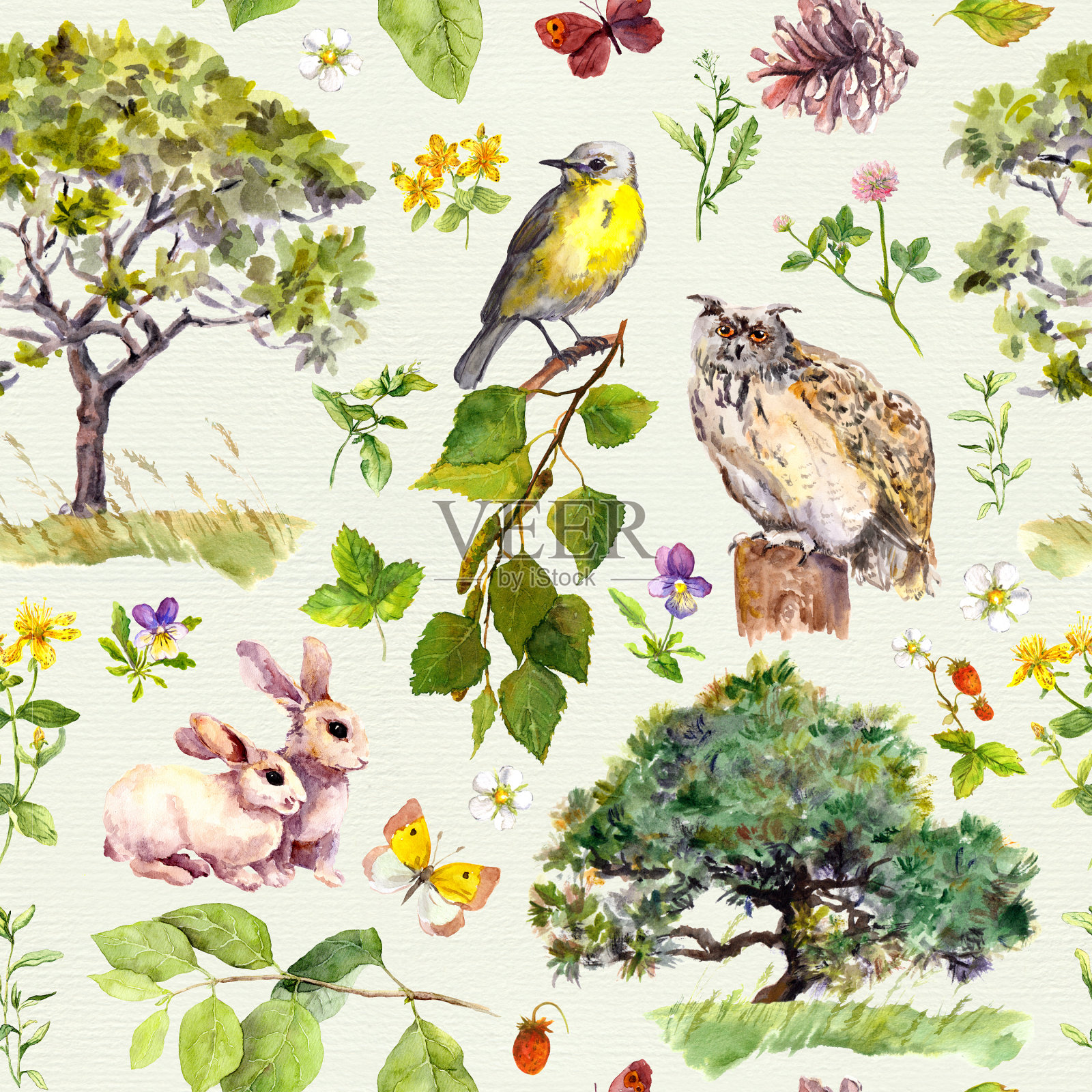 森林公园:鸟、兔、树、叶、花、草。无缝模式。水彩插画图片素材