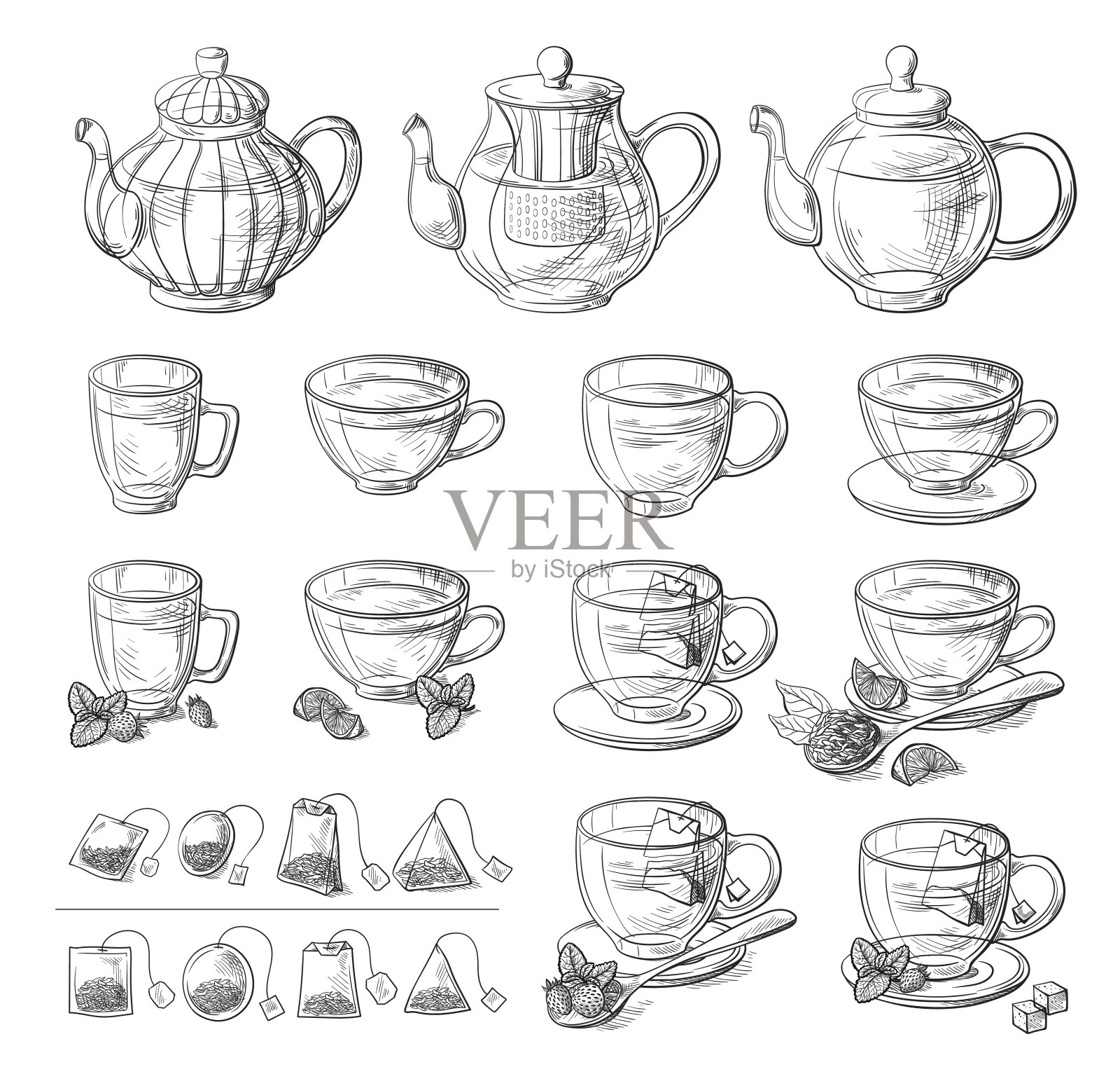 收藏茶叶和玻璃茶壶插画图片素材