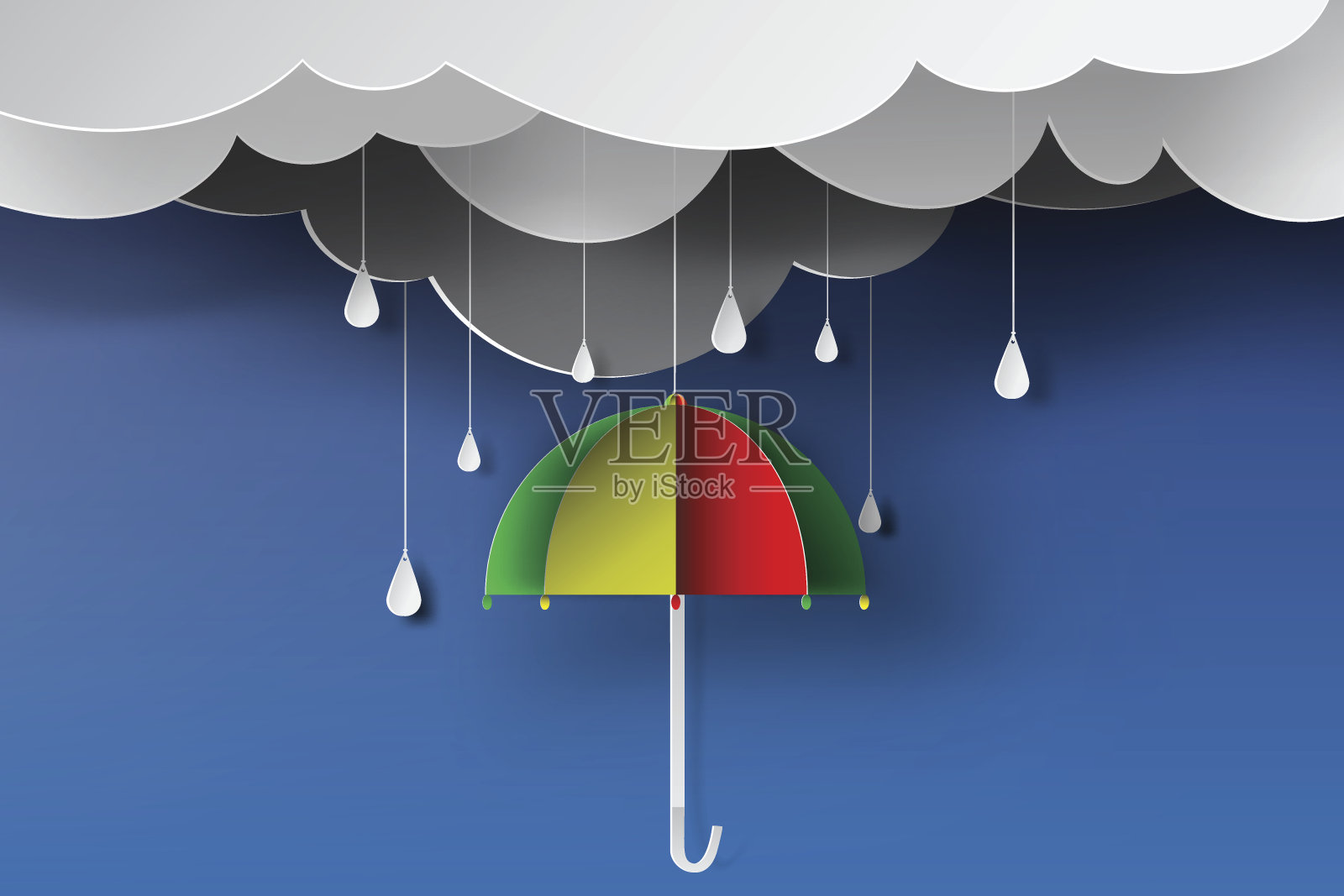 纸艺的彩色伞有雨季、蓝天、矢插画图片素材