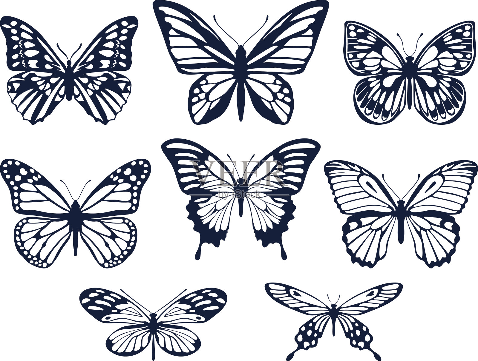 收集蝴蝶的剪影。蝴蝶图标。矢量插图。设计元素图片