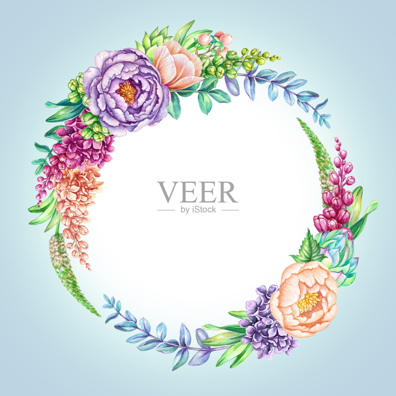 水彩插图，粉彩蓝色花卉背景，华丽的野花，圆形框架，邀请，空白卡片模板，花圈孤立在白色插画图片素材