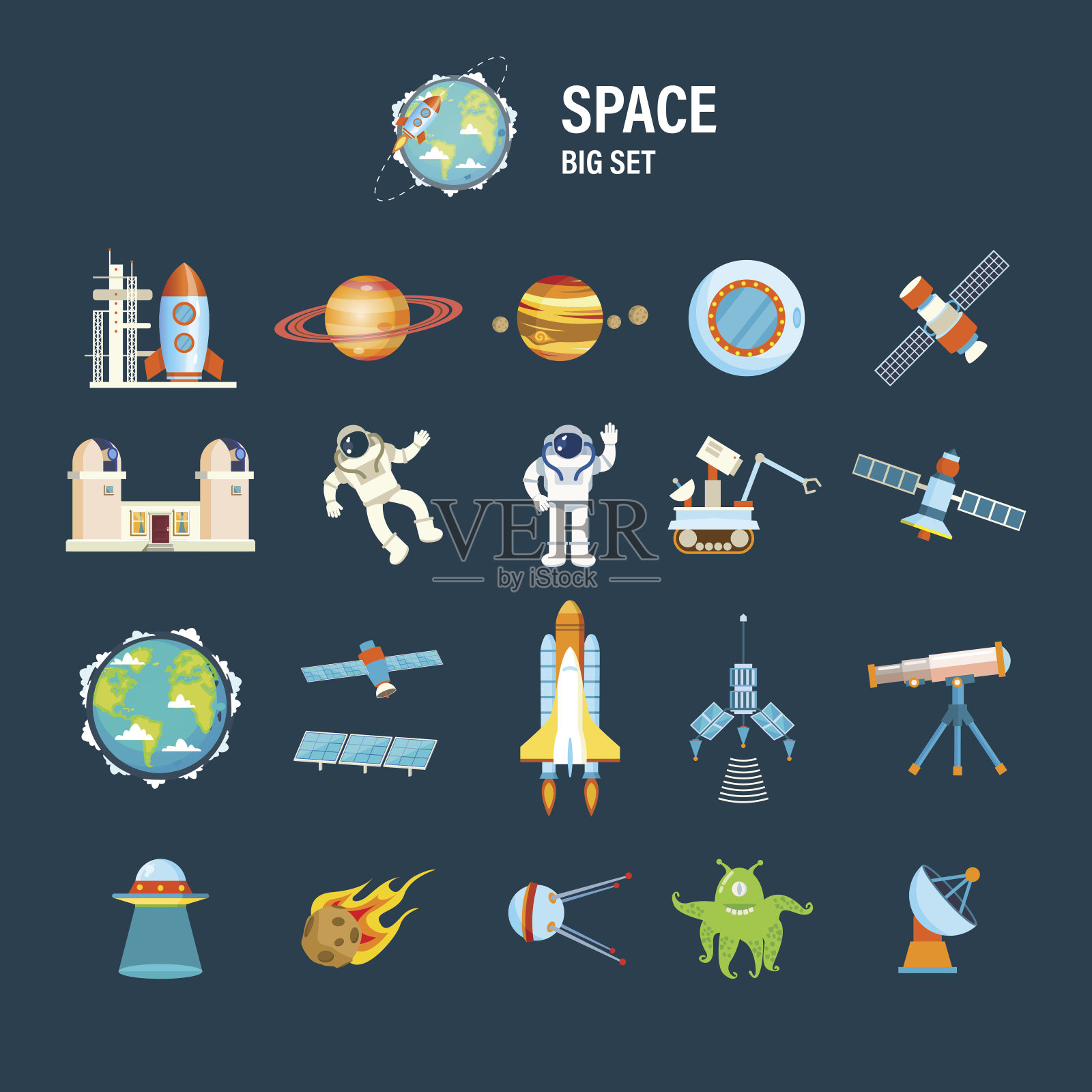 设定空间主题，包括运输、行星和相关物体插画图片素材