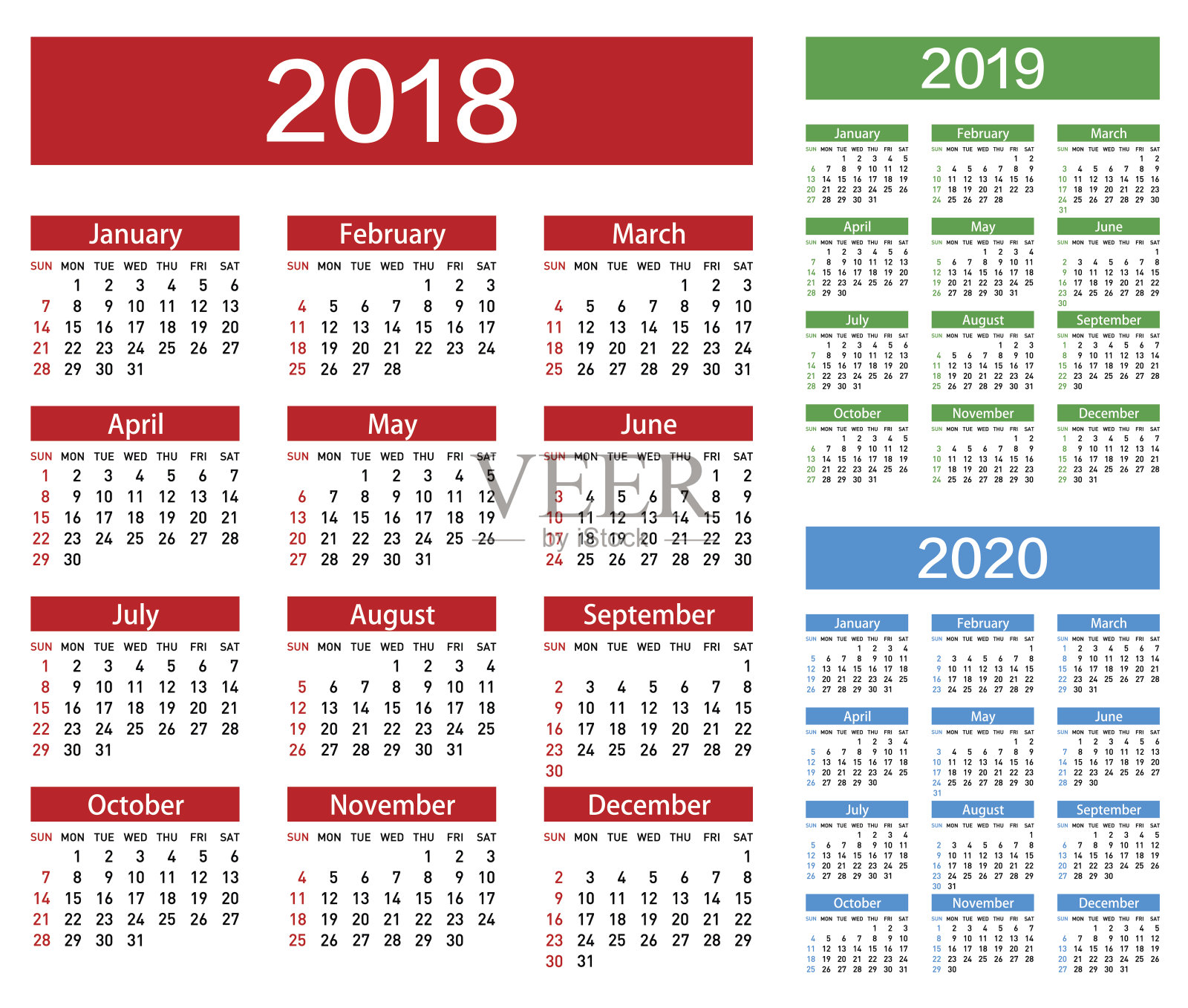 2018 - 2019 - 2020年矢量日历设计模板素材