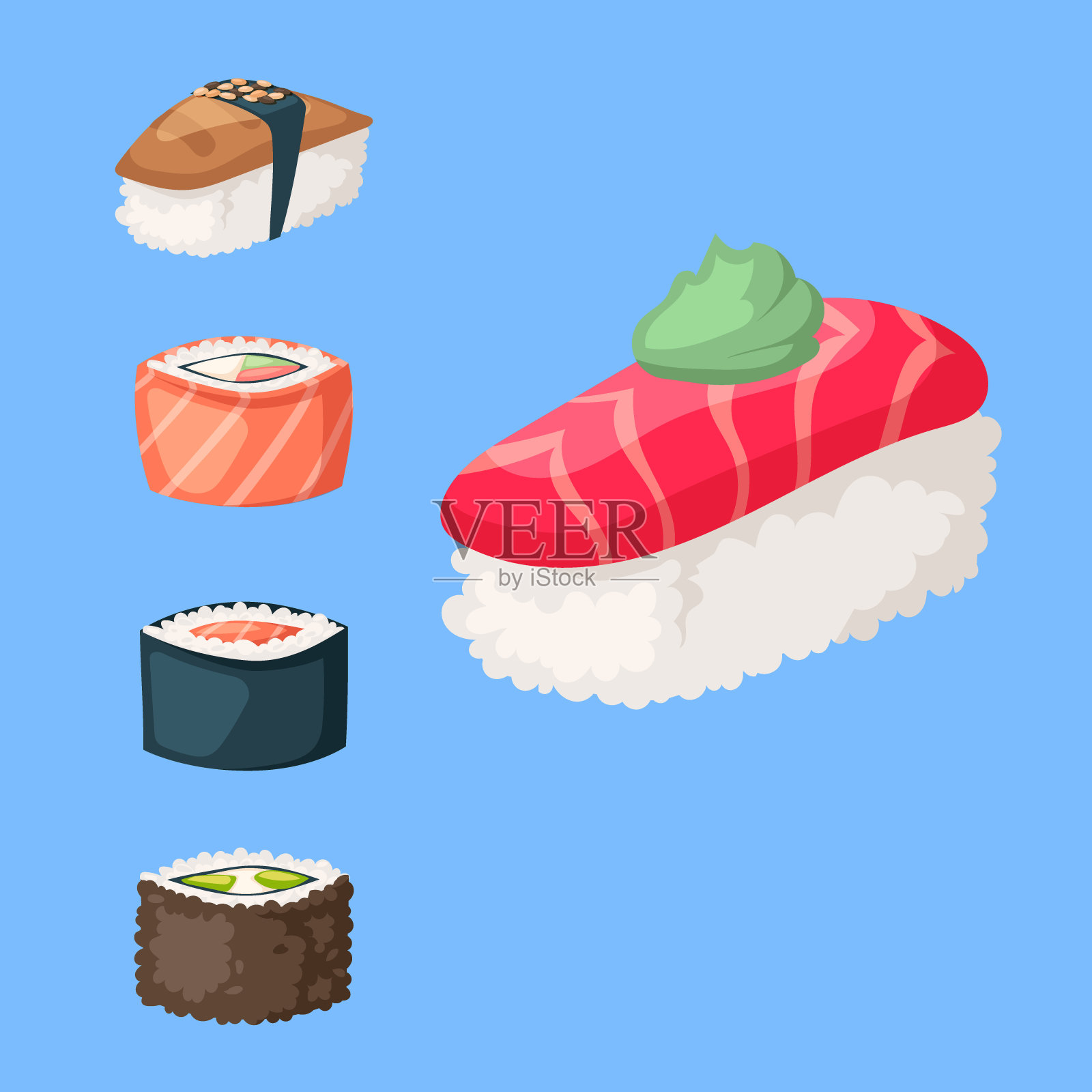 寿司日本料理传统食物平面健康美食图标亚洲餐饮文化卷矢量插图插画图片素材