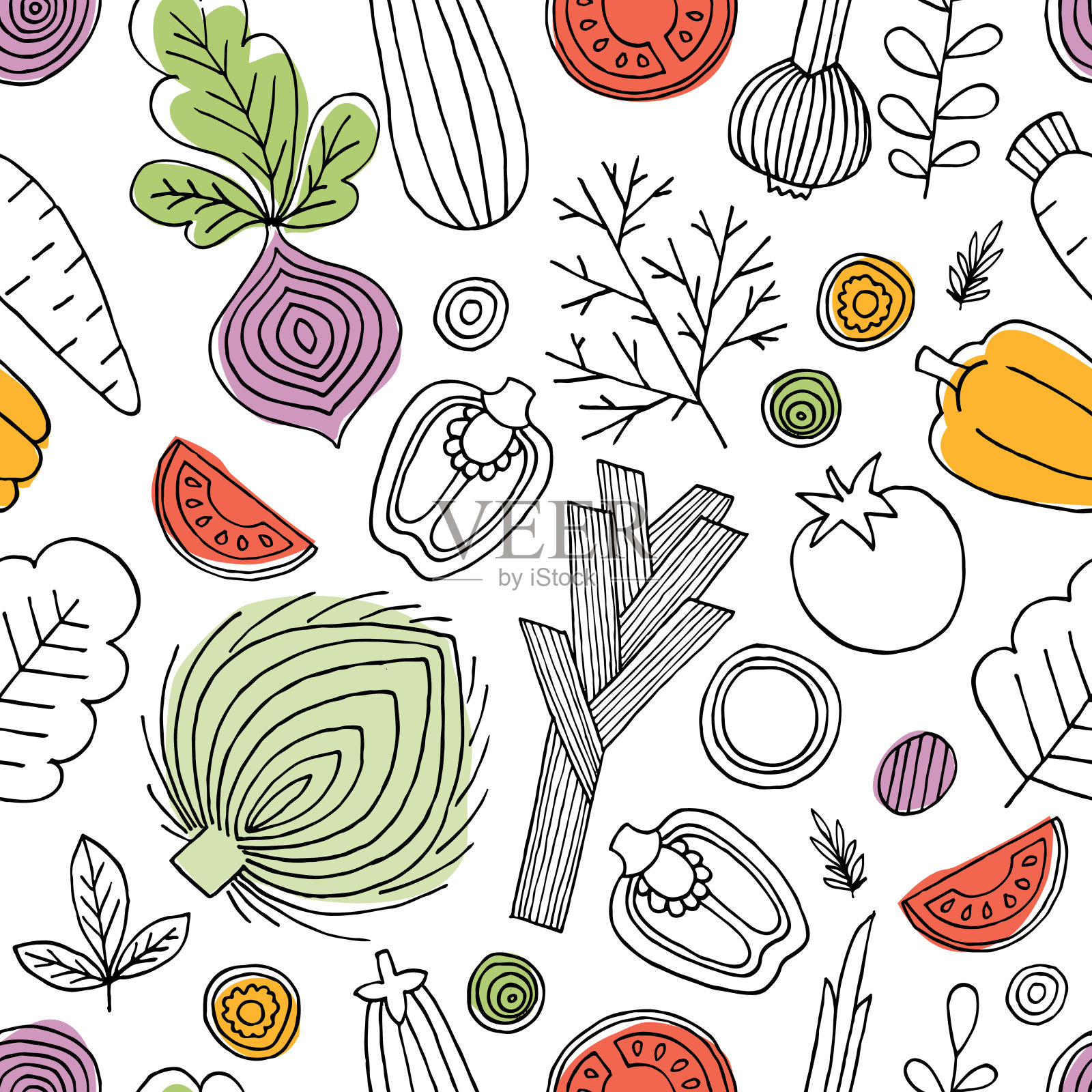 极简蔬菜无缝模式。线性图形。蔬菜的背景。北欧风格。健康食品。矢量图插画图片素材