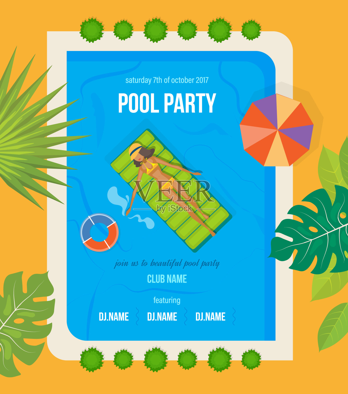 夏天的活动邀请，海报，传单，在派对附近的游泳池设计模板素材