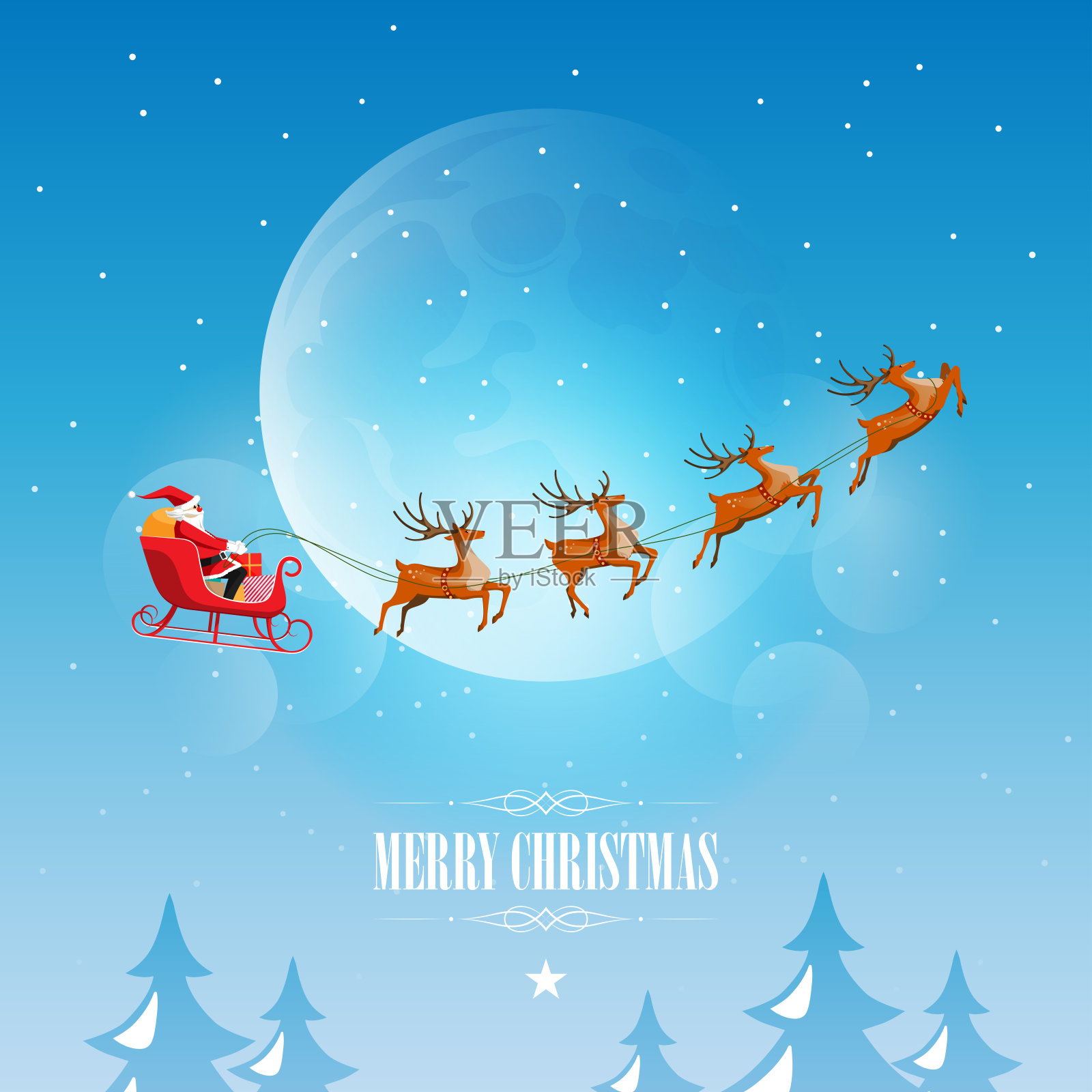 圣诞快乐，圣诞老人雪橇与驯鹿，矢量插图插画图片素材