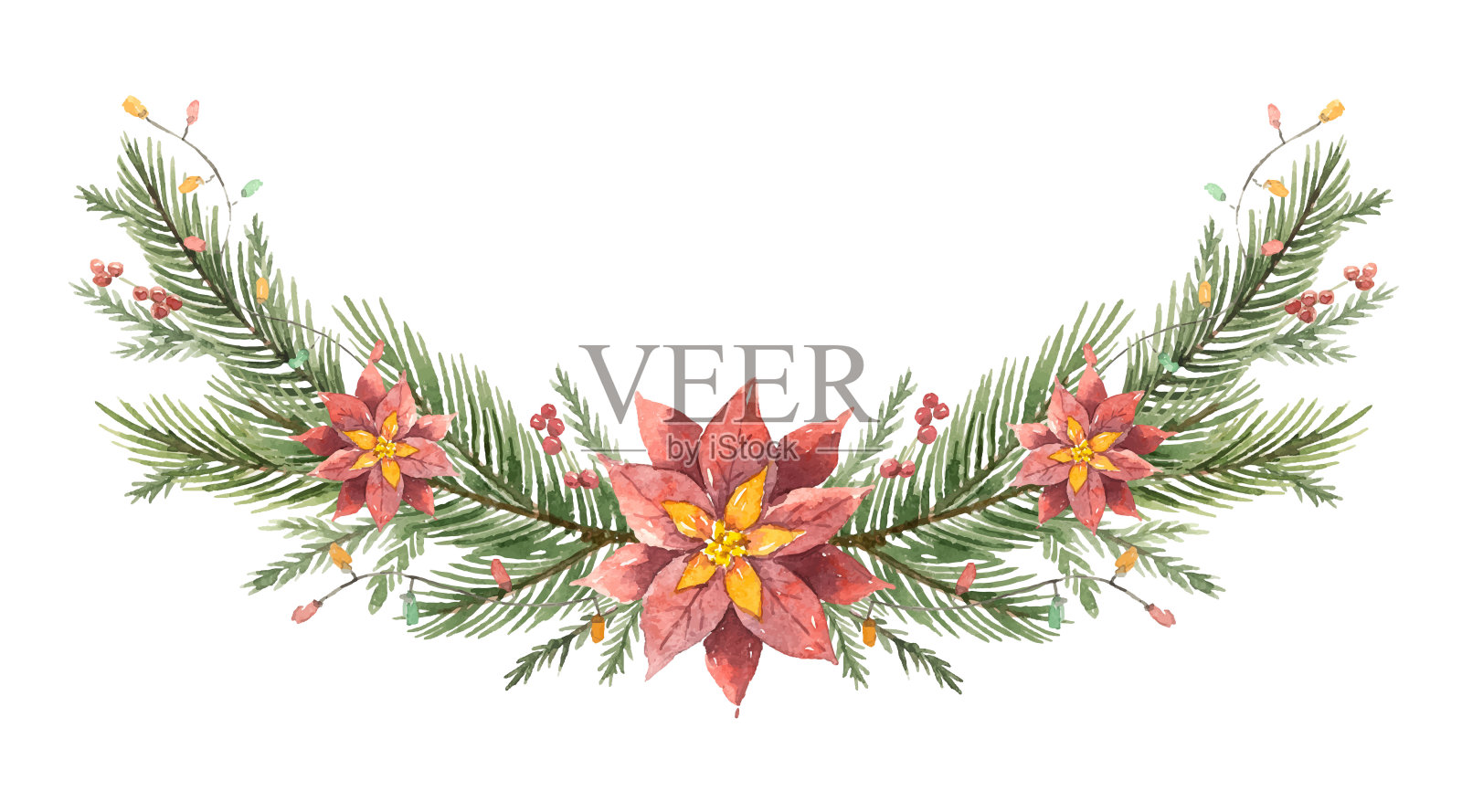 水彩矢量圣诞花环与冷杉树枝和一品红。设计元素图片