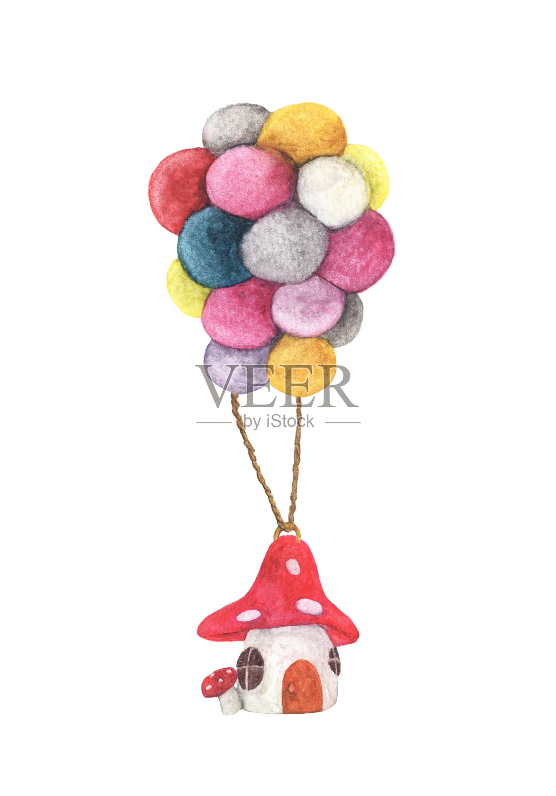 蘑菇屋悬挂着彩色气球，水彩插图孤立在白色背景上。插画图片素材