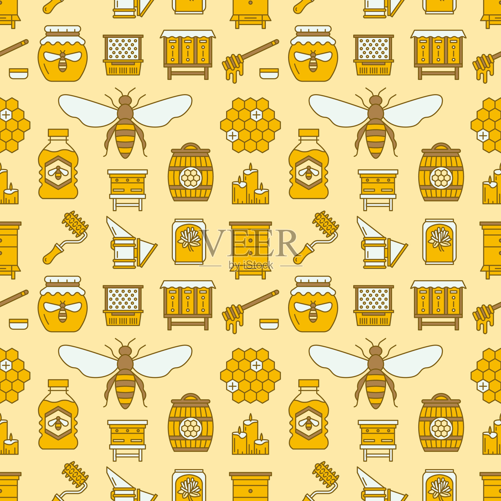 养蜂彩色无缝图案，养蜂矢量插图。蜂房细线图标-蜜蜂，蜂箱，桶。可爱的重复纹理，适合蜂蜜加工业务。黄色、橙色插画图片素材