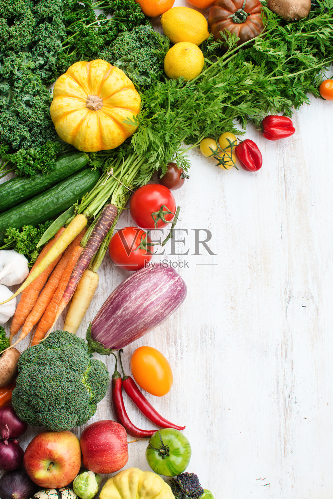 俯视图彩虹蔬菜，水果，拷贝空间照片摄影图片