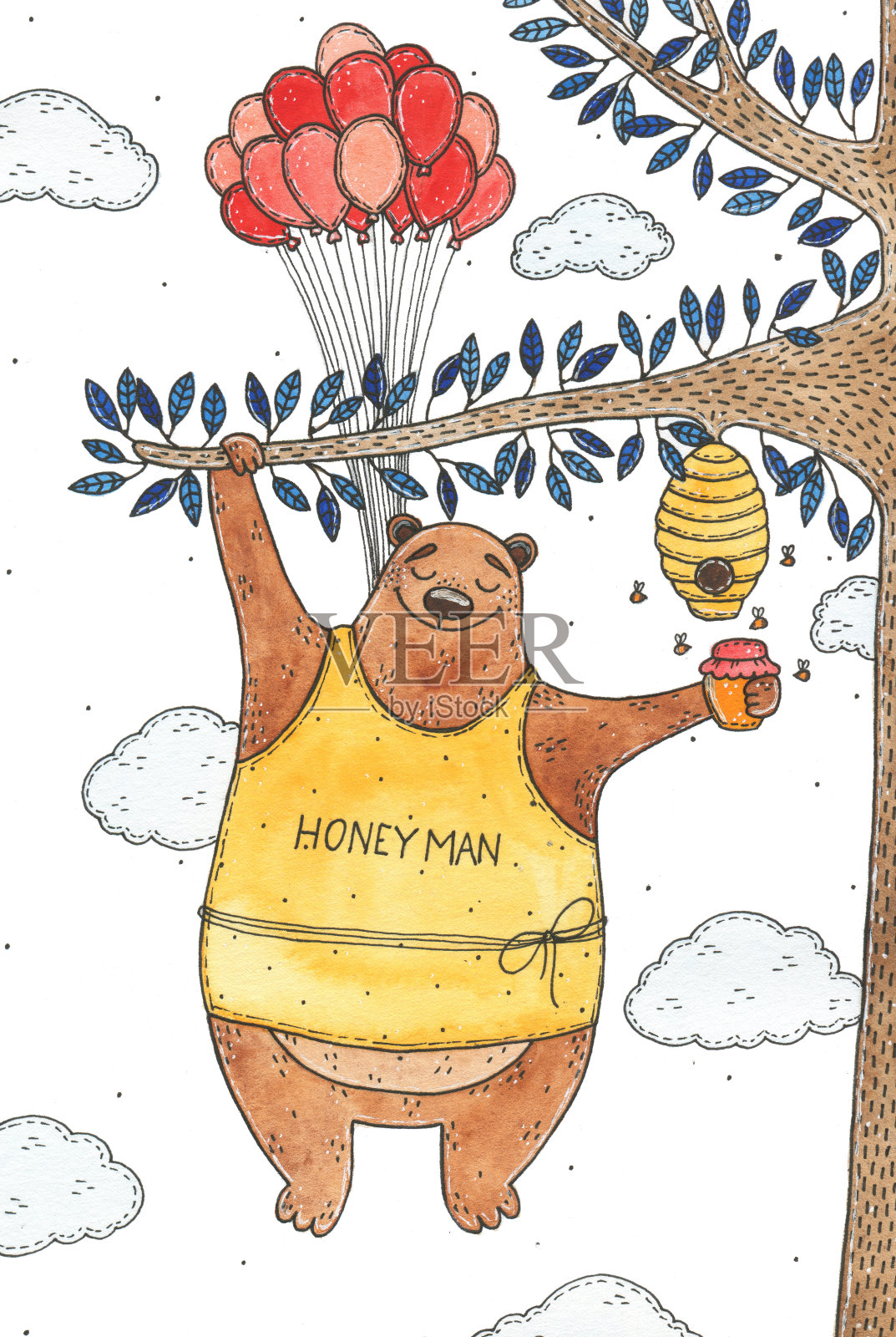 水彩可爱的小熊挂在树上，上面有蜂巢的插图插画图片素材