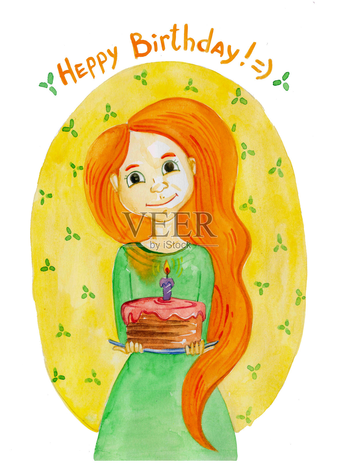 水彩画的女孩与生日蛋糕。生日贺卡设计模板素材
