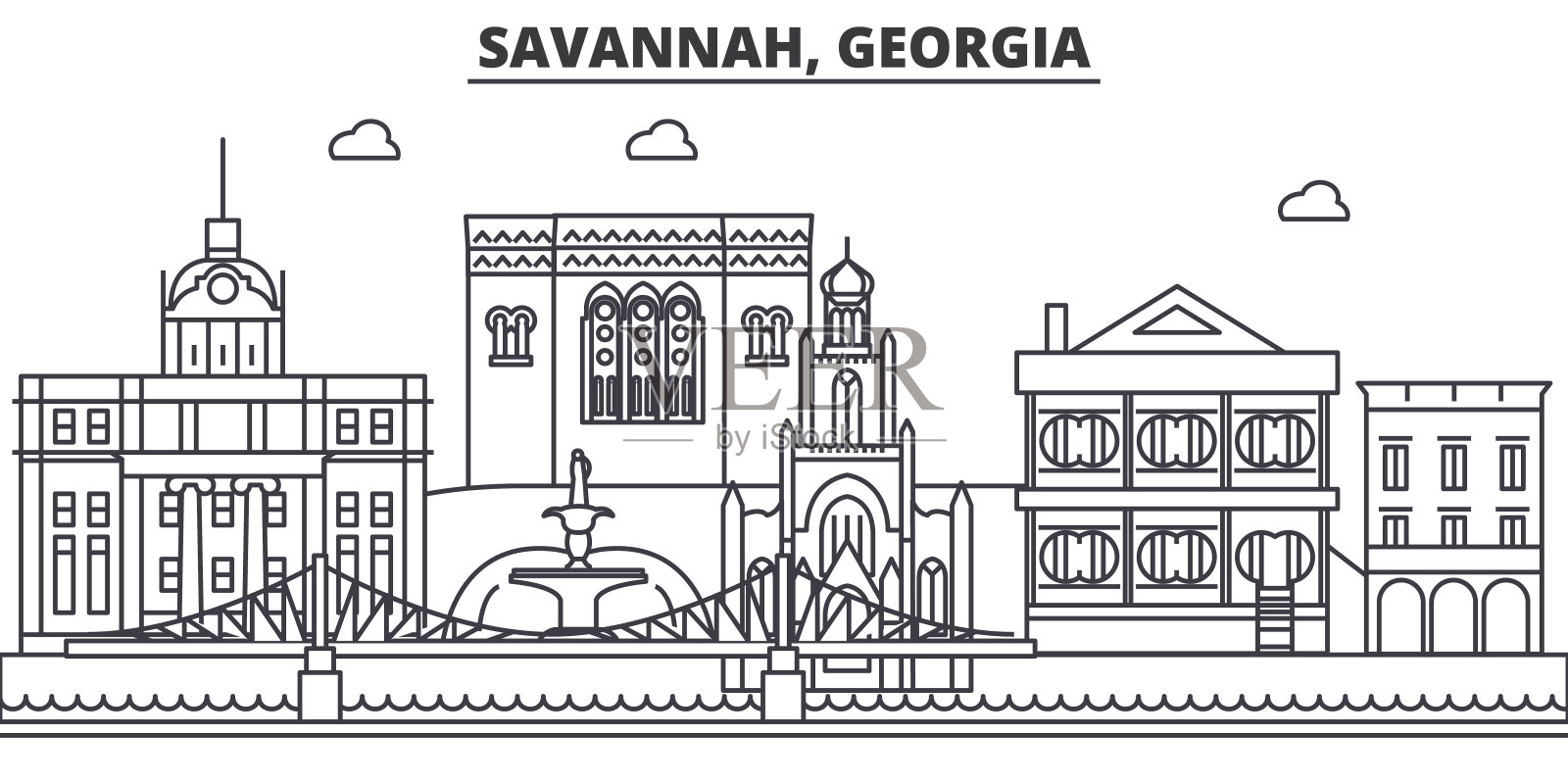 萨凡纳，乔治亚州建筑线天际线插图。线性向量的城市景观与著名的地标，城市景观，设计图标。风景与可编辑的笔触设计元素图片