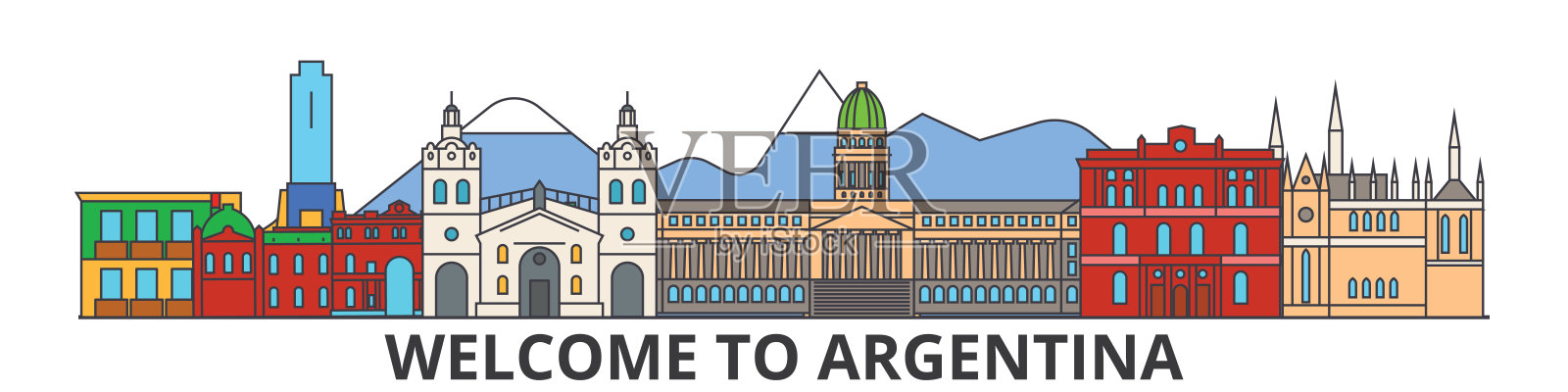 阿根廷轮廓天际线、阿根廷平细线图标、地标、插图。阿根廷城市景观，阿根廷旅游城市矢量旗帜。城市的轮廓插画图片素材