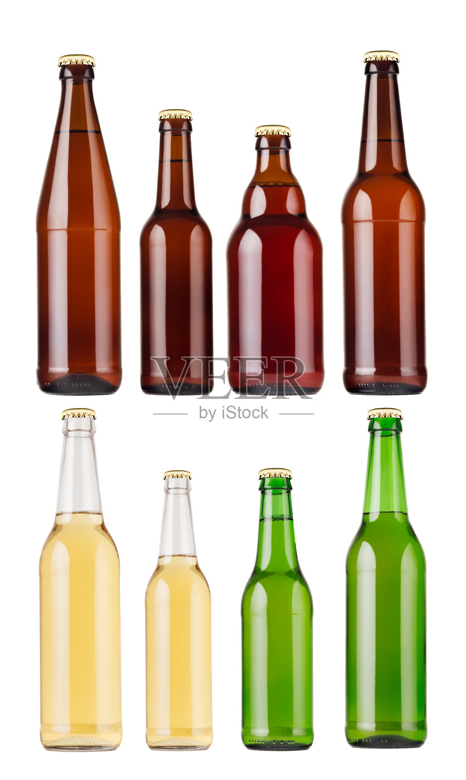 收集不同类型和颜色的啤酒瓶，隔离，模拟。模板广告，设计，品牌标识。照片摄影图片