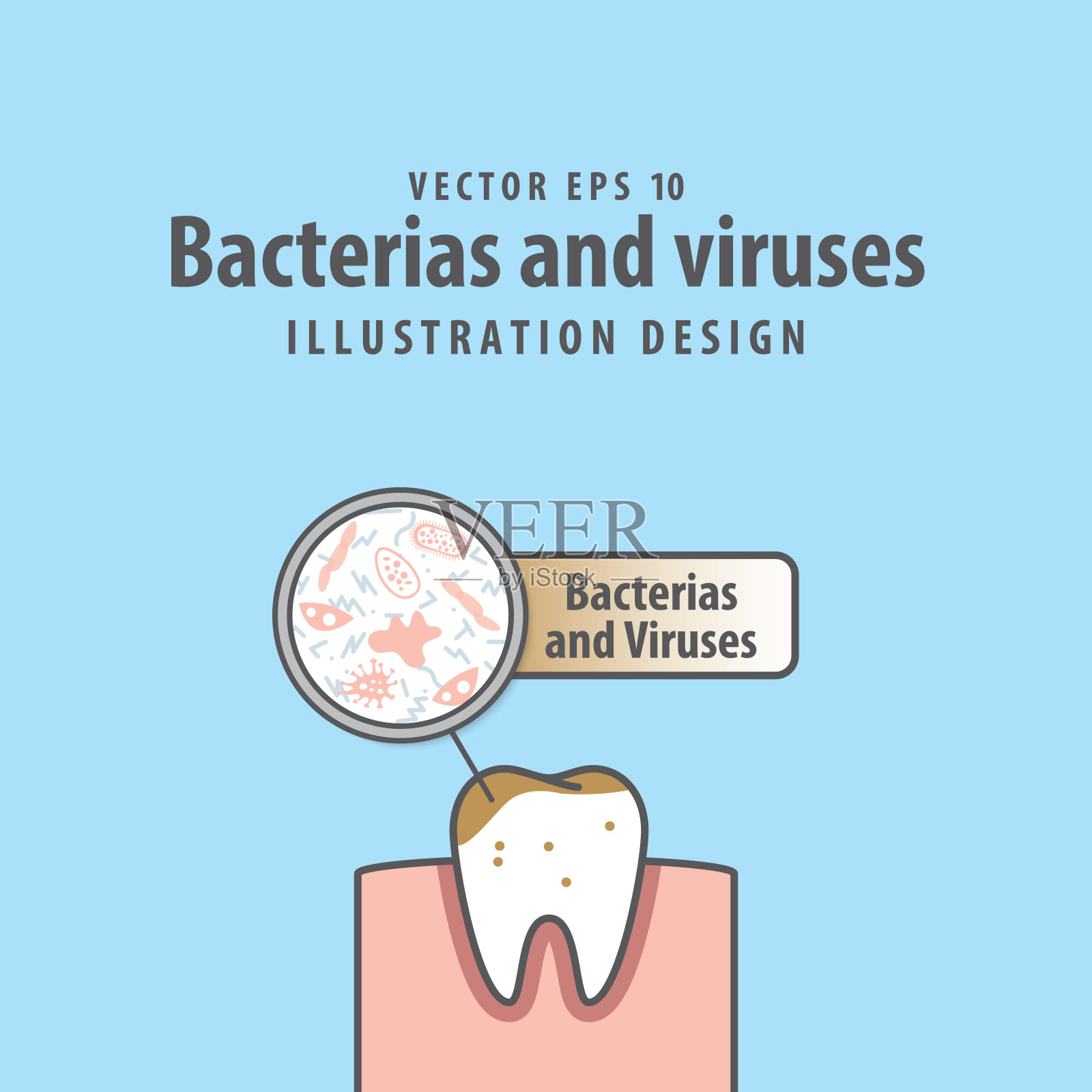 细菌和病毒与单一肮脏的牙齿插图矢量在蓝色背景。牙科的概念。插画图片素材