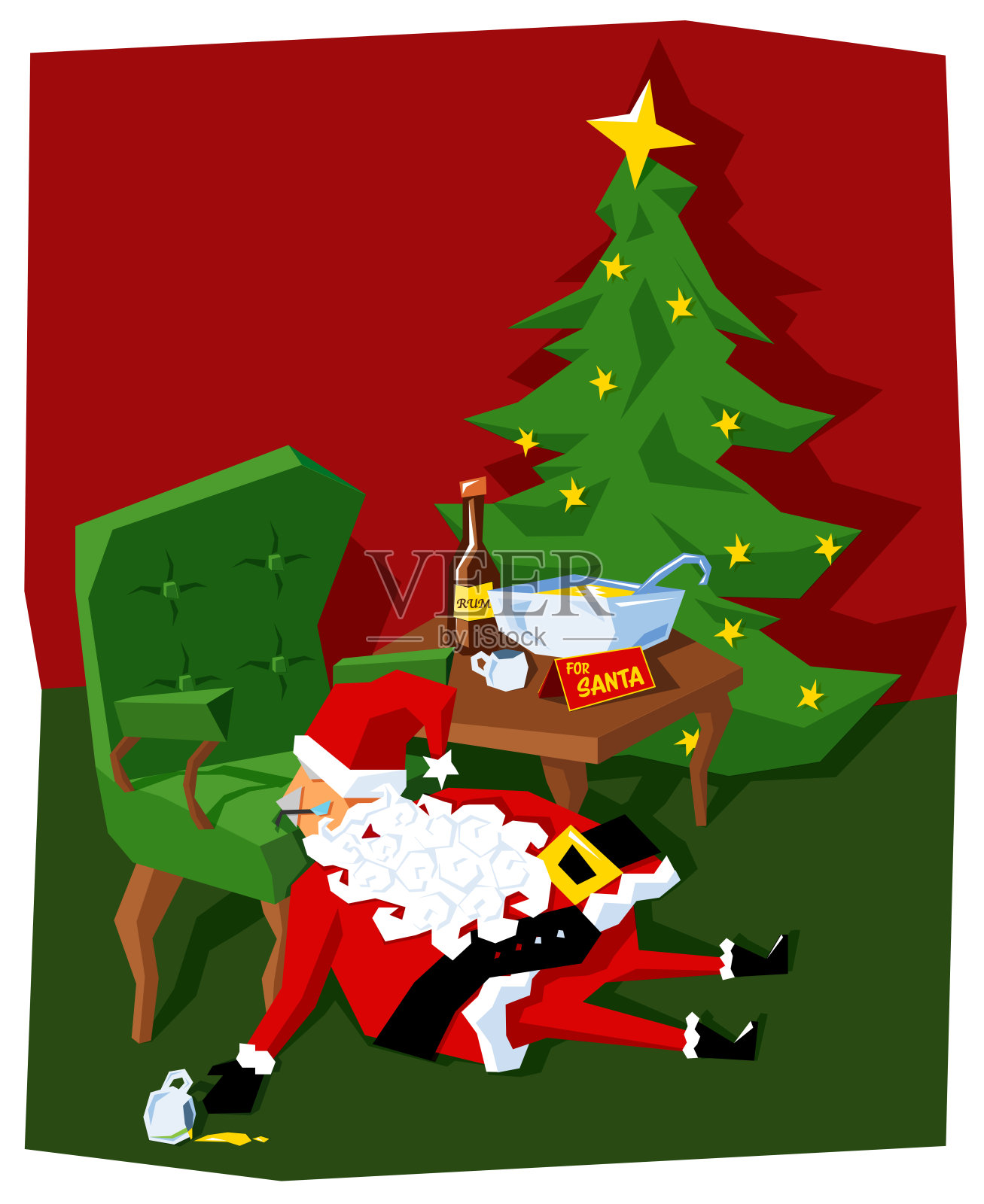圣诞老人喝了蛋酒和朗姆酒后在地板上睡着了插画图片素材