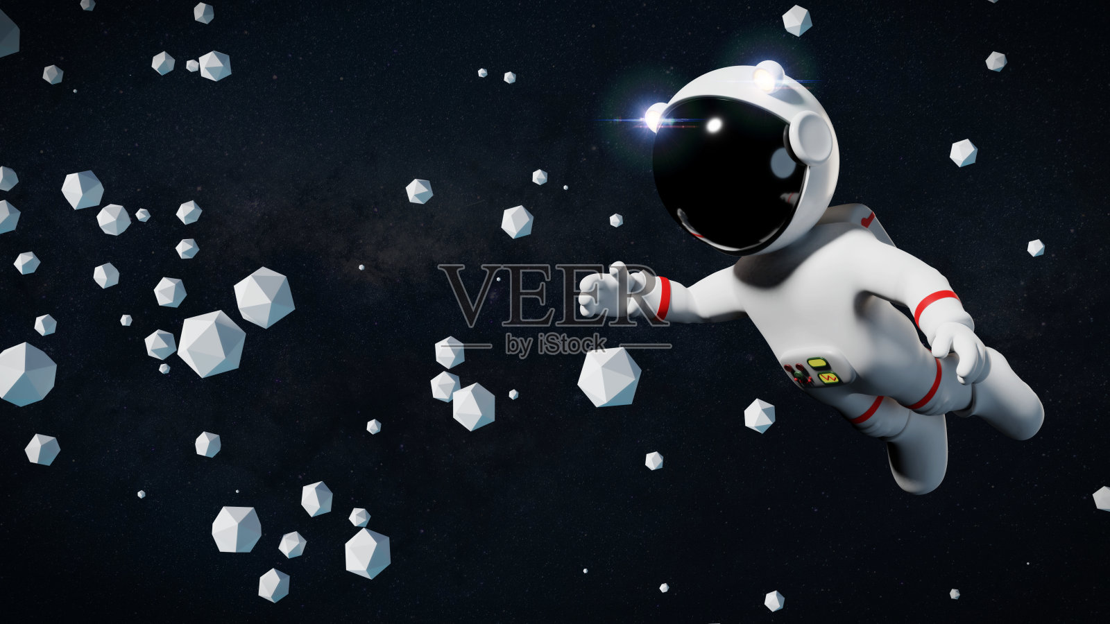 可爱的白色卡通宇航员在星形背景前的几何物体之间飞行(3d渲染)照片摄影图片