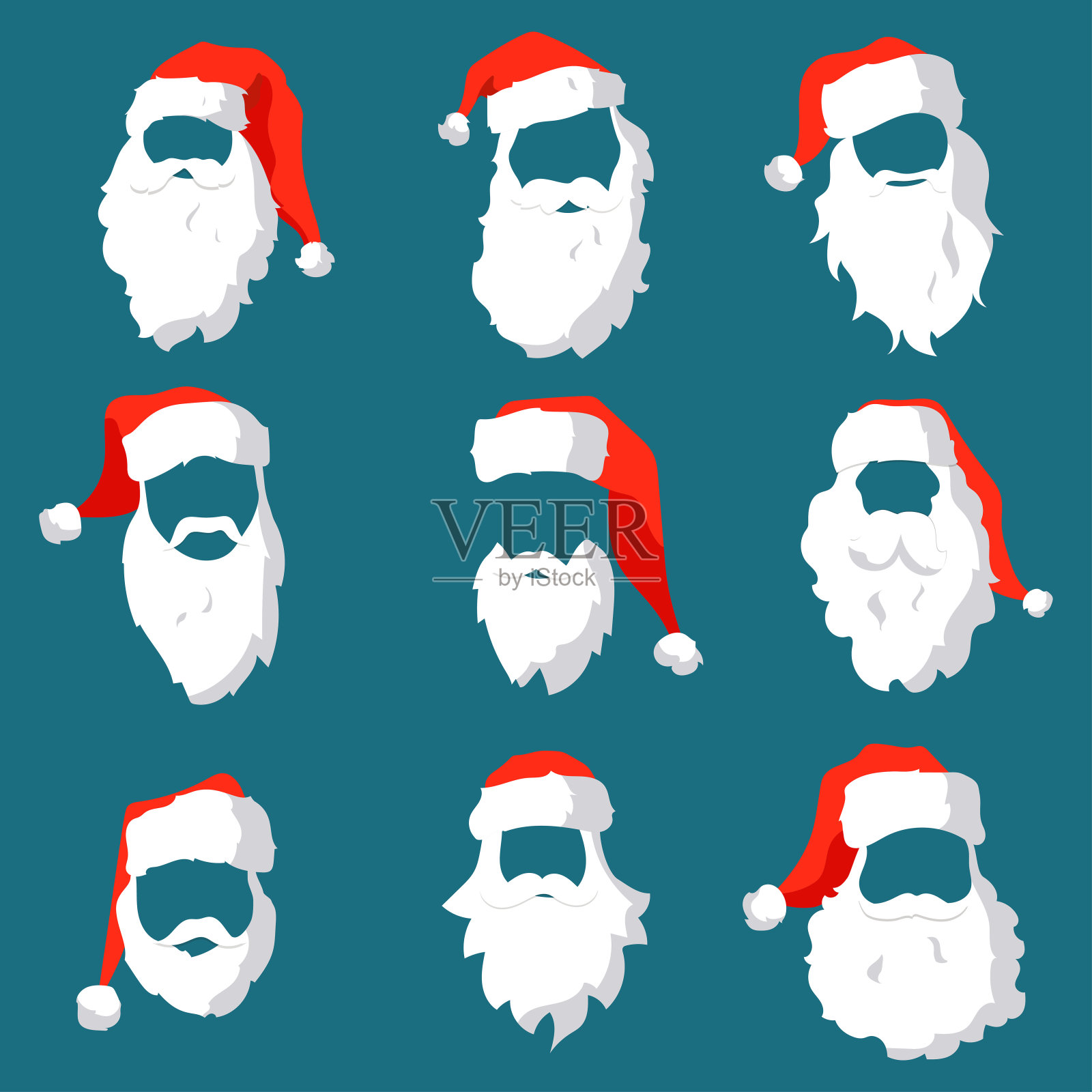 不同的圣诞老人帽子，小胡子和胡须模板集。圣诞面孔元素为过去的节日设计。矢量潮人剪影圣诞老人角色设计元素图片