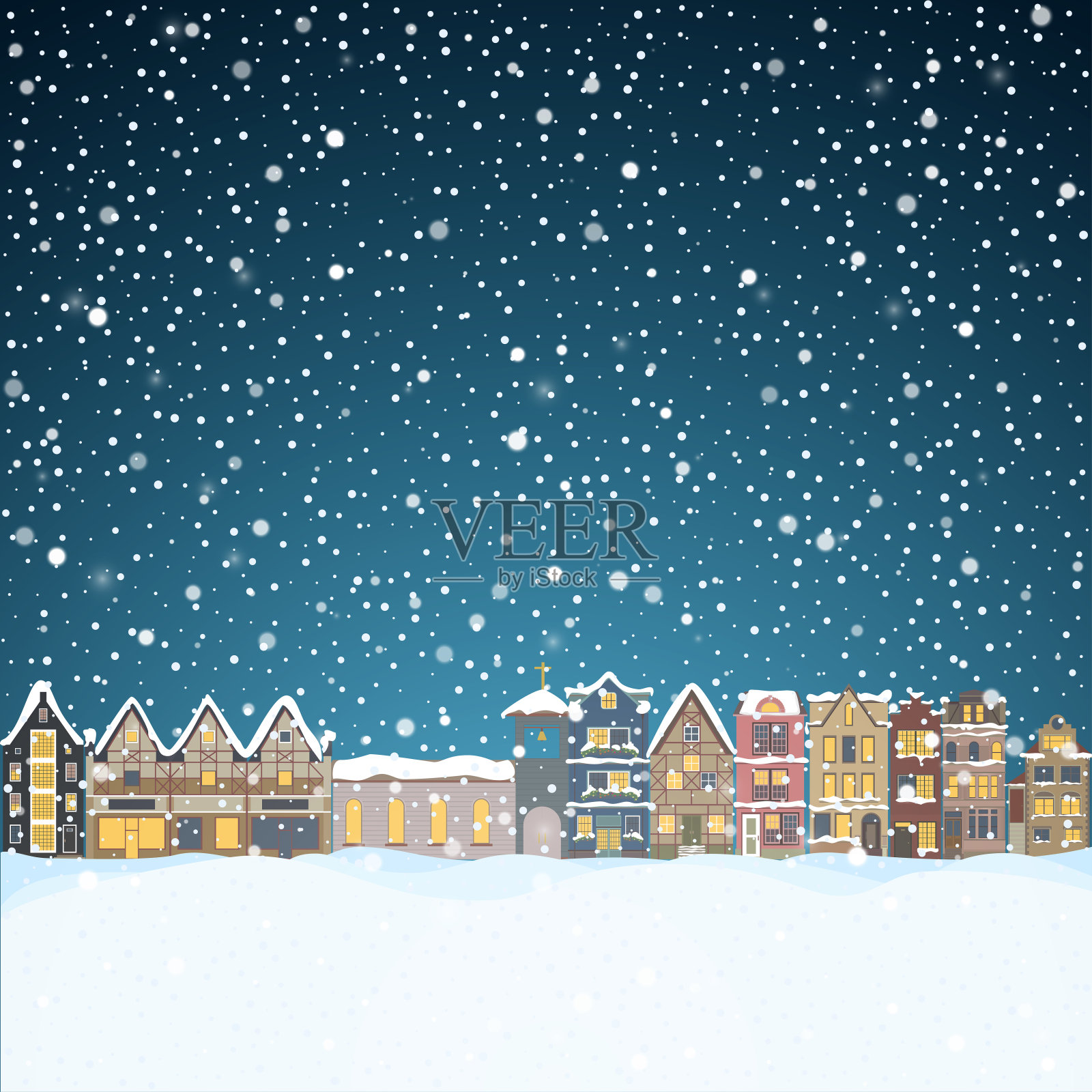 圣诞小屋在下雪的夜里。快乐的节日贺卡伴着城镇的天际，飞翔的圣诞老人和鹿黑色的剪影，雪花大的月亮。市中心的房子全景圣诞海报。向量维纳插图背景图片素材