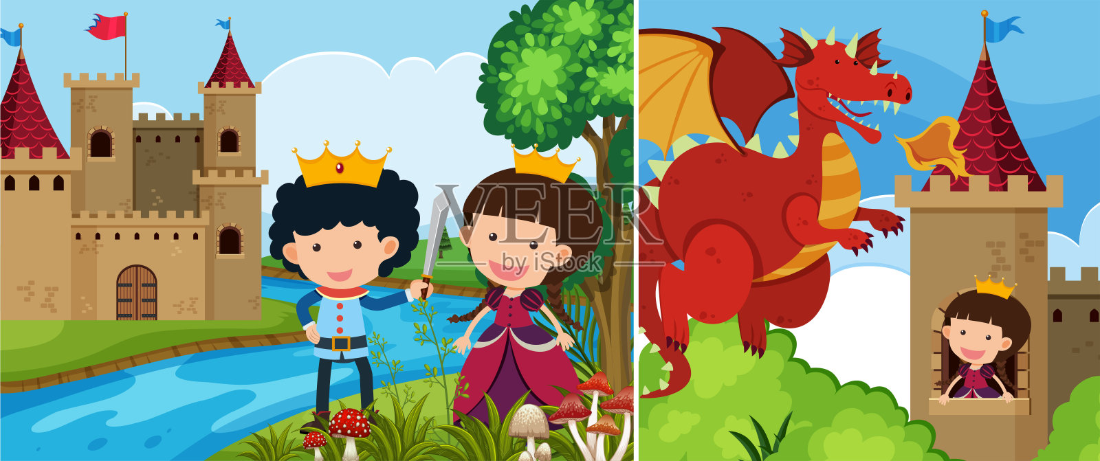 塔中公主的两个童话场景插画图片素材
