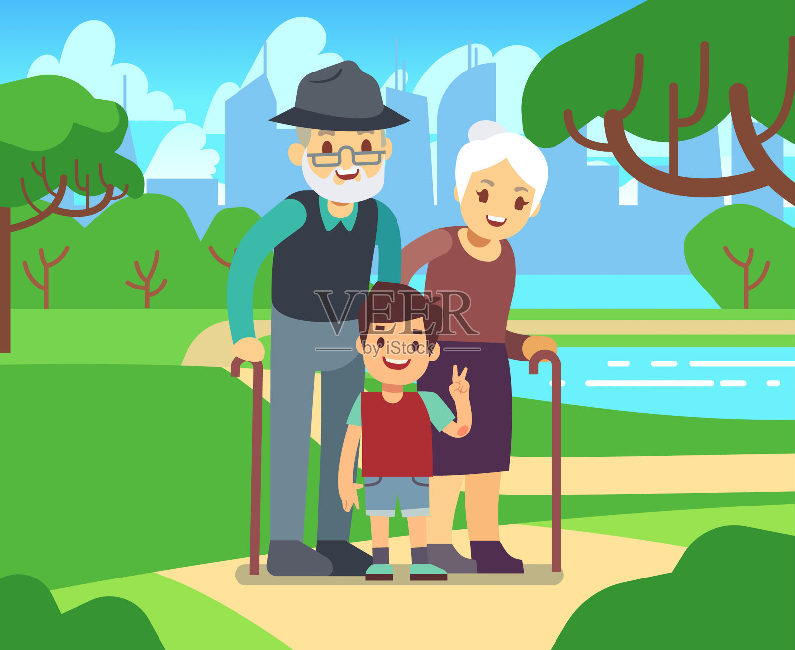 快乐卡通老两口与孙子在公园矢量插图插画图片素材