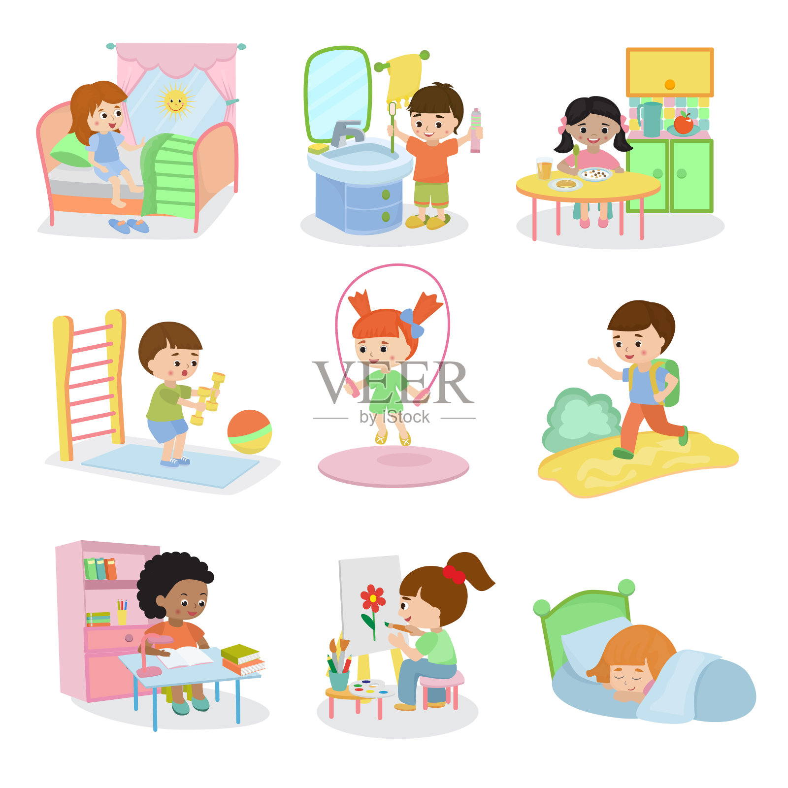 儿童的日常活动设定儿童的日常活动常规在童年性格活跃的儿童吃或学习插图睡觉女孩或玩男孩在儿童插画图片素材