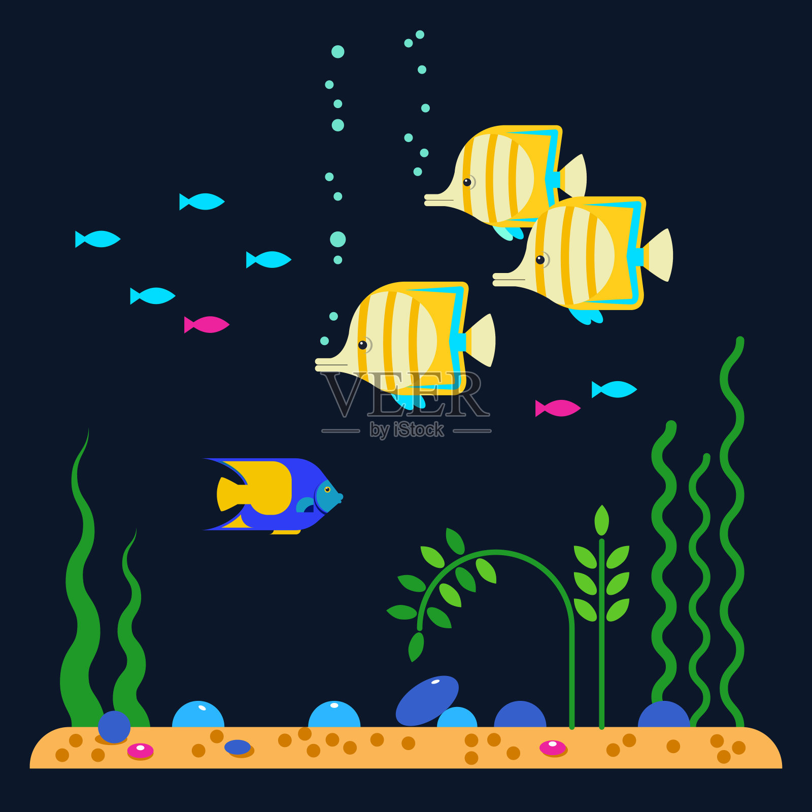 矢量平面插图和水族馆热带鱼的图标集插画图片素材