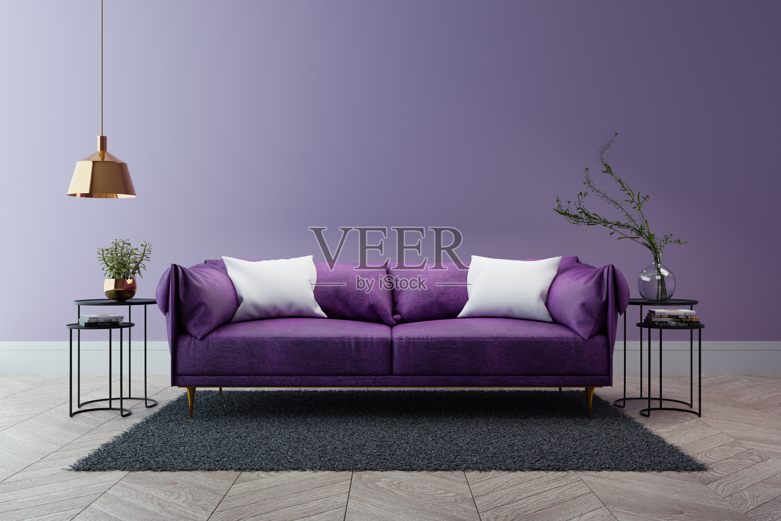 豪华现代的客厅内饰，紫外光家居装饰概念，紫色沙发和黑色桌子与金灯浅紫色墙壁和木地板，3d渲染照片摄影图片
