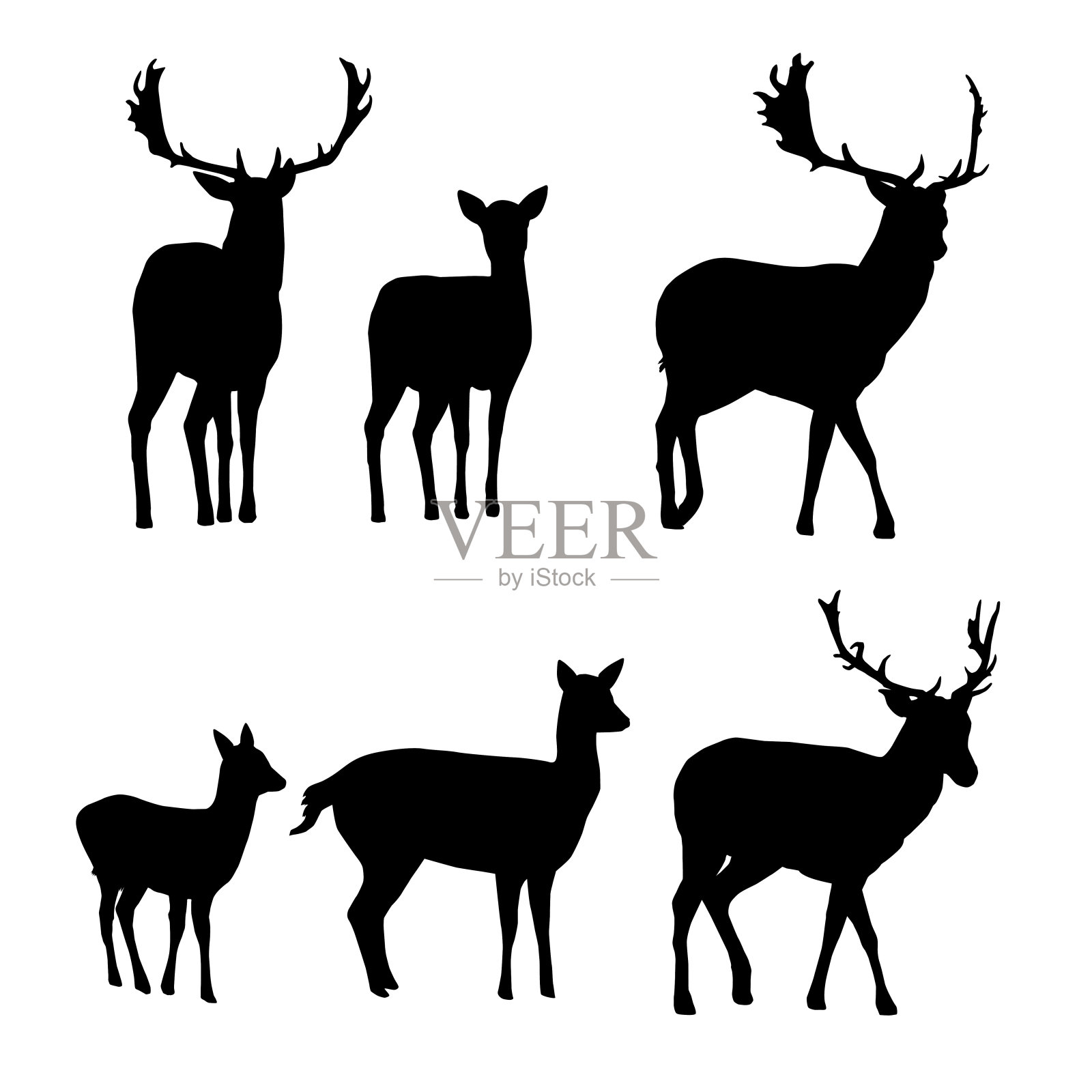 鹿和与小鹿孤立在白色背景上的休闲鹿的向量剪影的集合插画图片素材