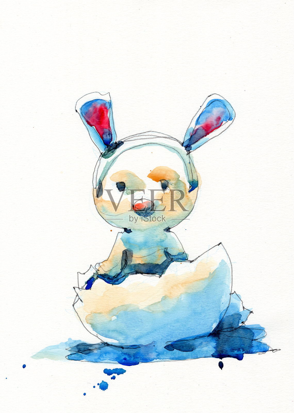 水彩画插图套可爱的小兔子耳朵服装，手绘在纸上插画图片素材