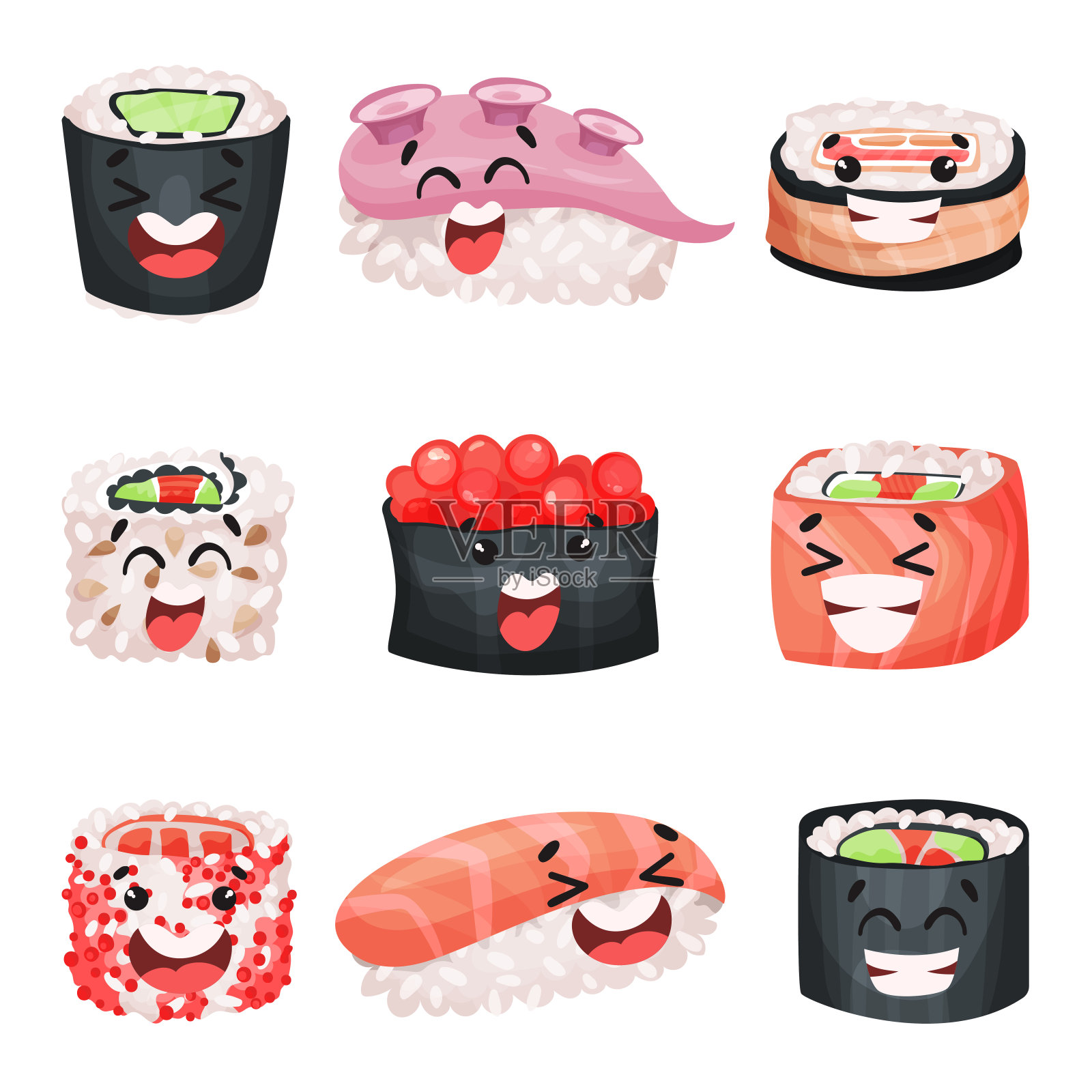 卡通人物寿司设置，日本美食与搞笑的面孔矢量插图设计元素图片