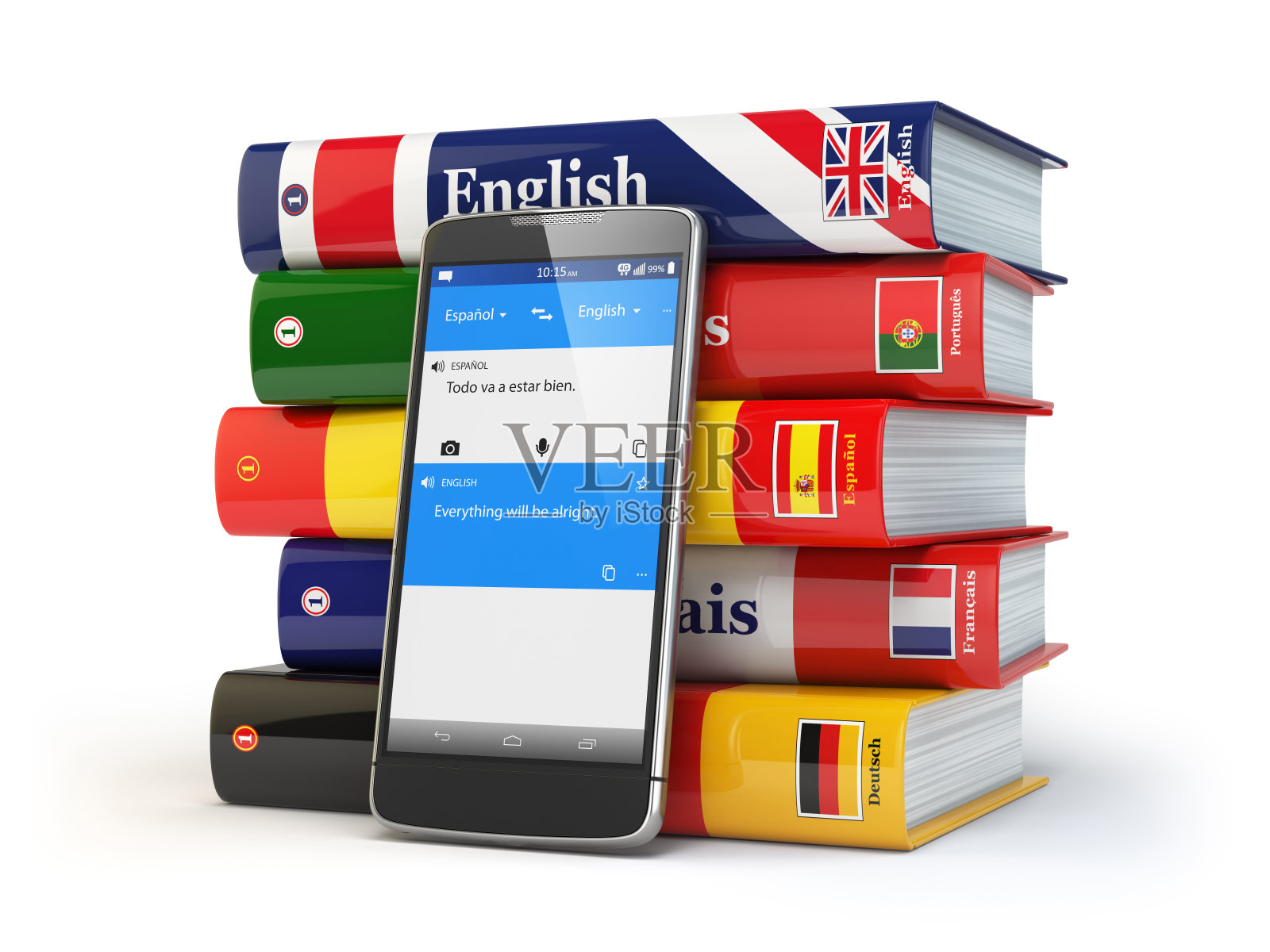 电子学习。手机词典。在线学习语言。智能手机与书籍。照片摄影图片