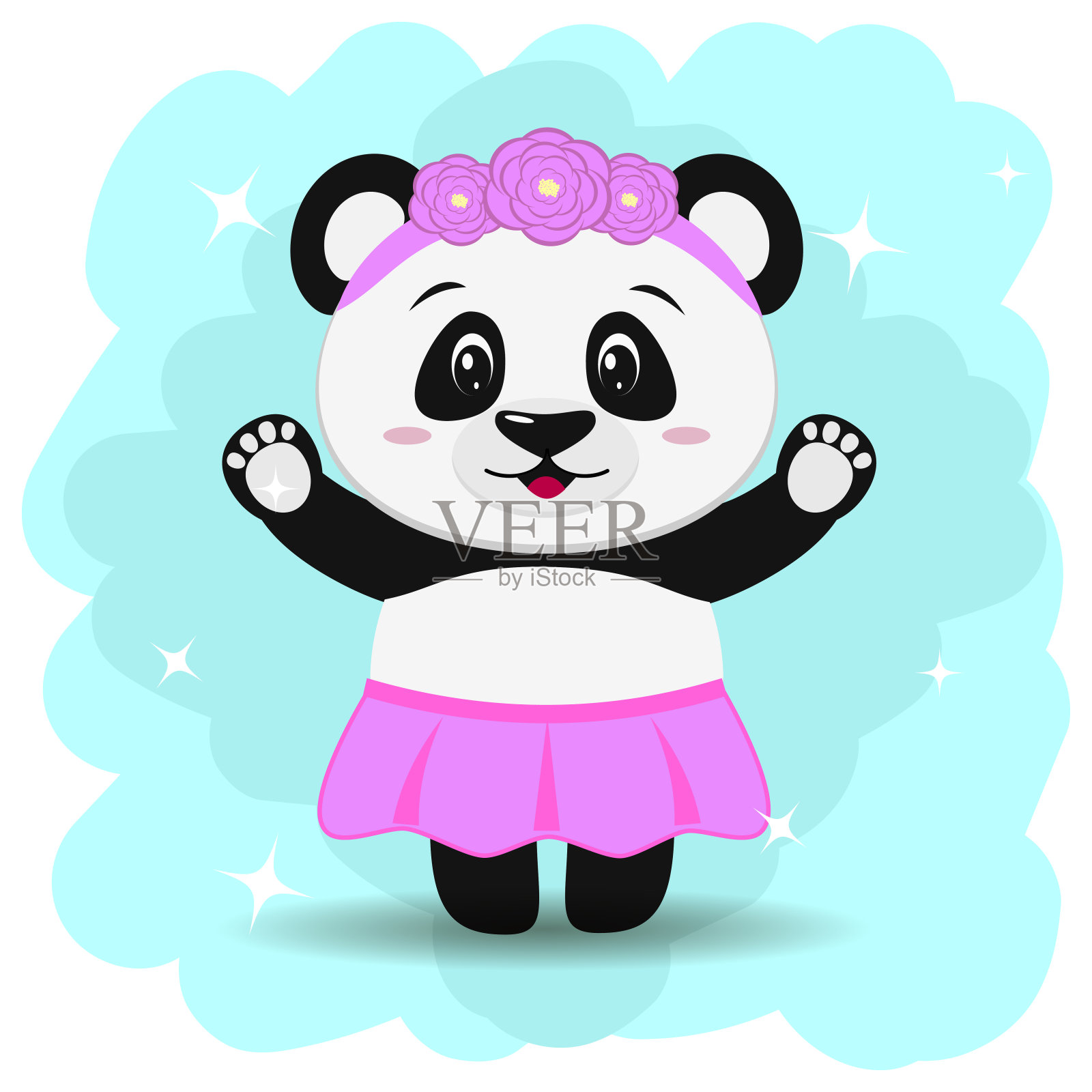 一只可爱的熊猫穿着裙子，带着卡通风格的花环，双臂高举。插画图片素材