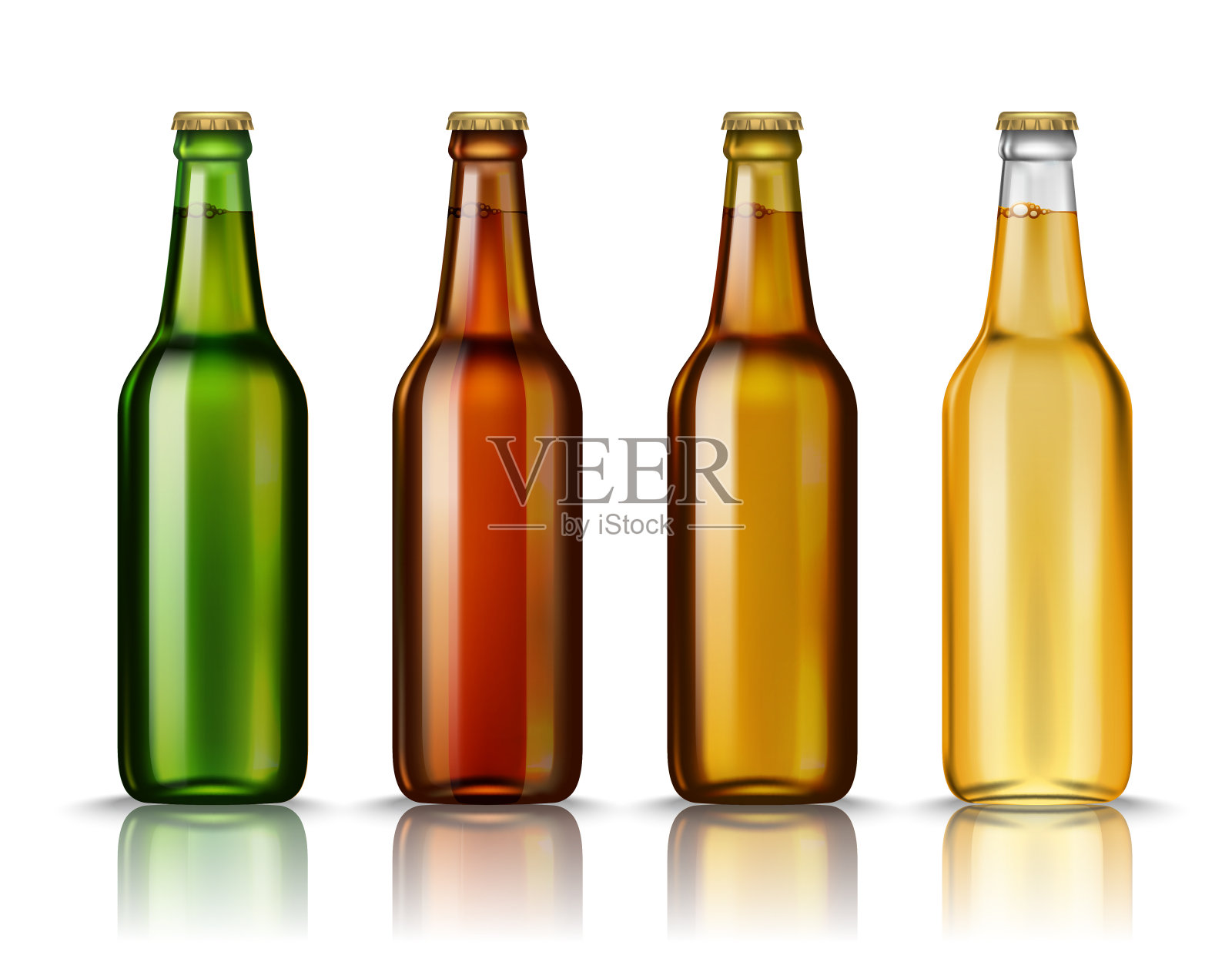 现实的绿色，棕色，黄色和白色玻璃啤酒瓶与饮料孤立在白色背景。矢量插图。为产品包装广告制作模板。设计元素图片