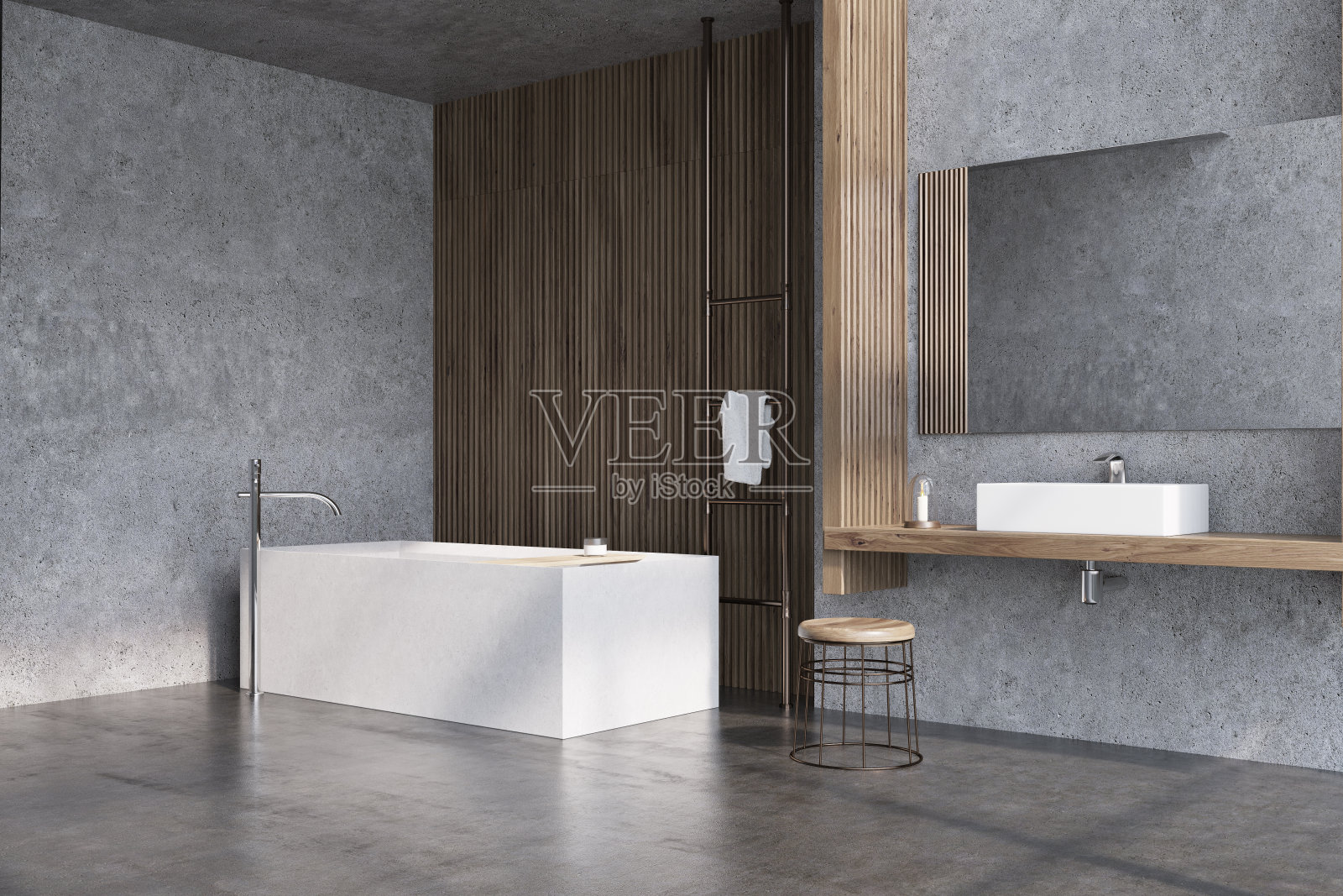 灰色和深色的木制浴室，浴缸的一边照片摄影图片