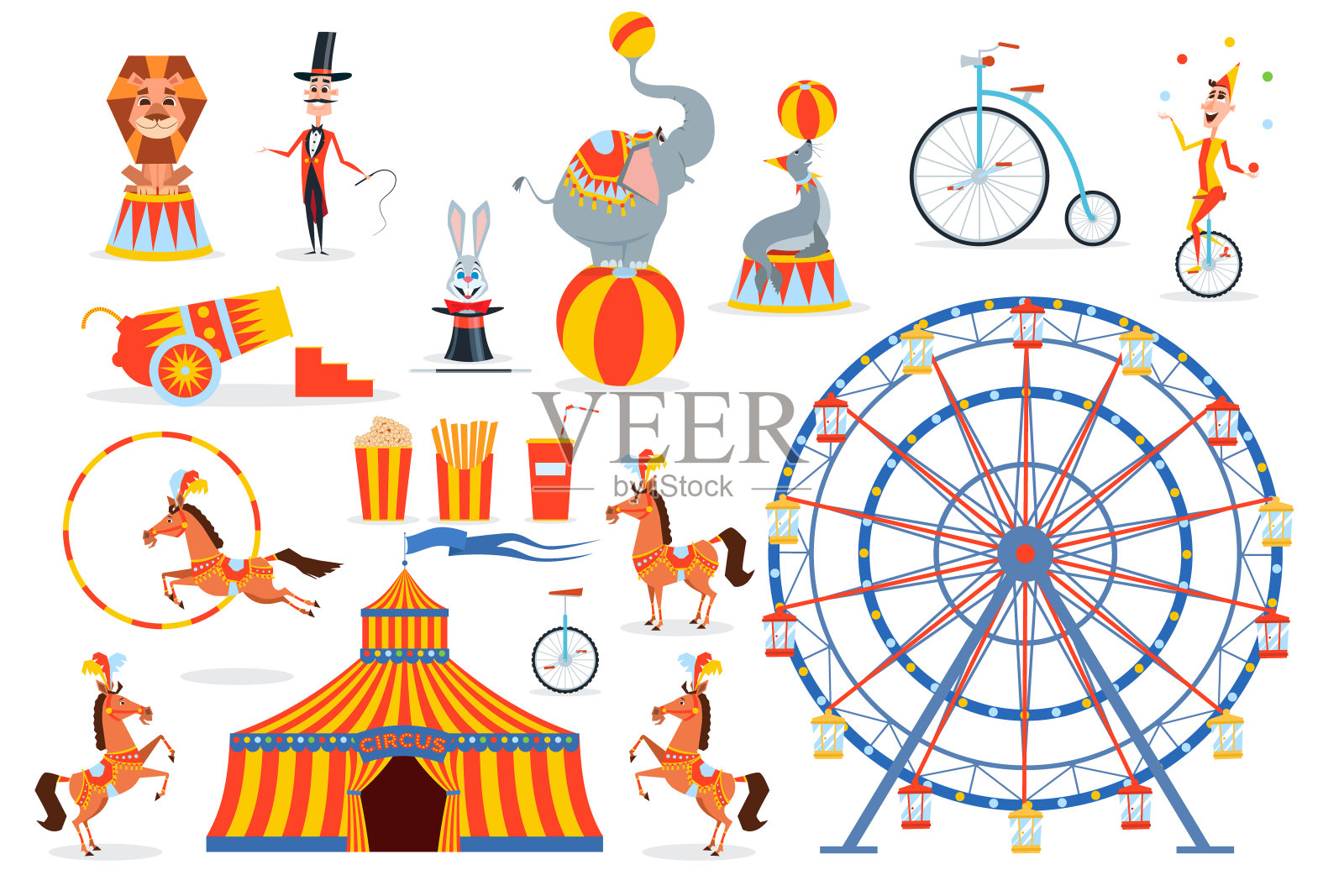 马戏团一组大的马戏团人物和物体插画图片素材